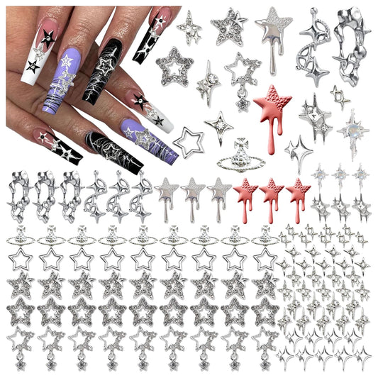 XIYONALI 124PCS Star 3D Nail Charms for Acrylic Nails, Silver Nail Gems Alloy Starburst Nail Accessories, Nail Rhinestones for Nail Art Supplies Manicure Craft DIY