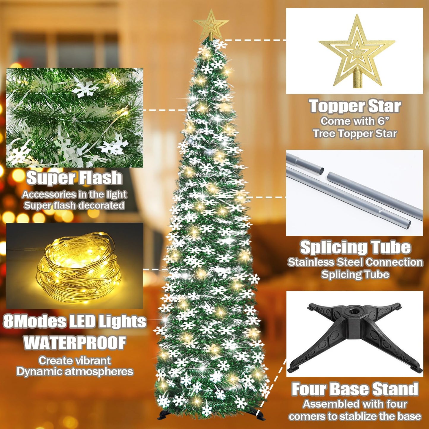 HMASYO 5 FT Pop Up Christmas Tree with Timer Lights - Green Tinsel Snowflake Christmas Tree, Collapsible Artificial Pencil Tree Xmas Decoration for Home, Office, Party, Easy Assembly