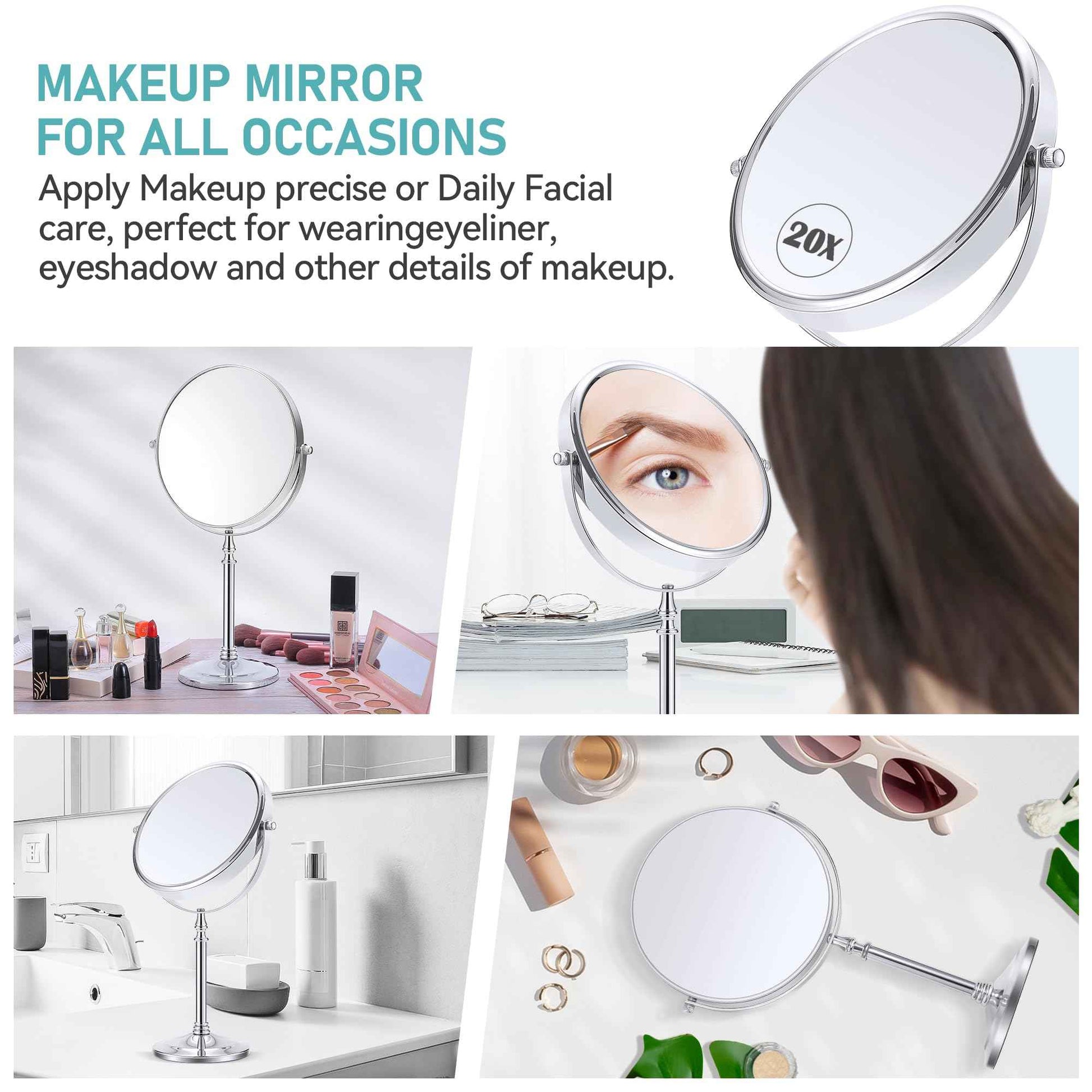 MIYADIVA Magnifying Mirror 20x, Double Sided 1X & 20X Magnifying Mirror on Stand, Large Tabletop Magnified Vanity Mirror, Magnified Mirrors with 360°Rotation for Bathroom or Bedroom,8 Inches