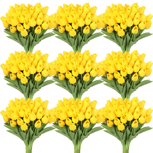 100 Pcs Artificial Tulip Real Touch Flowers False PU Tulips Faux Latex Bouquet Flower Centerpieces Arrangement Wedding Bridal Bouquet for Christmas Holiday Garden Home Decorations Party (Yellow)