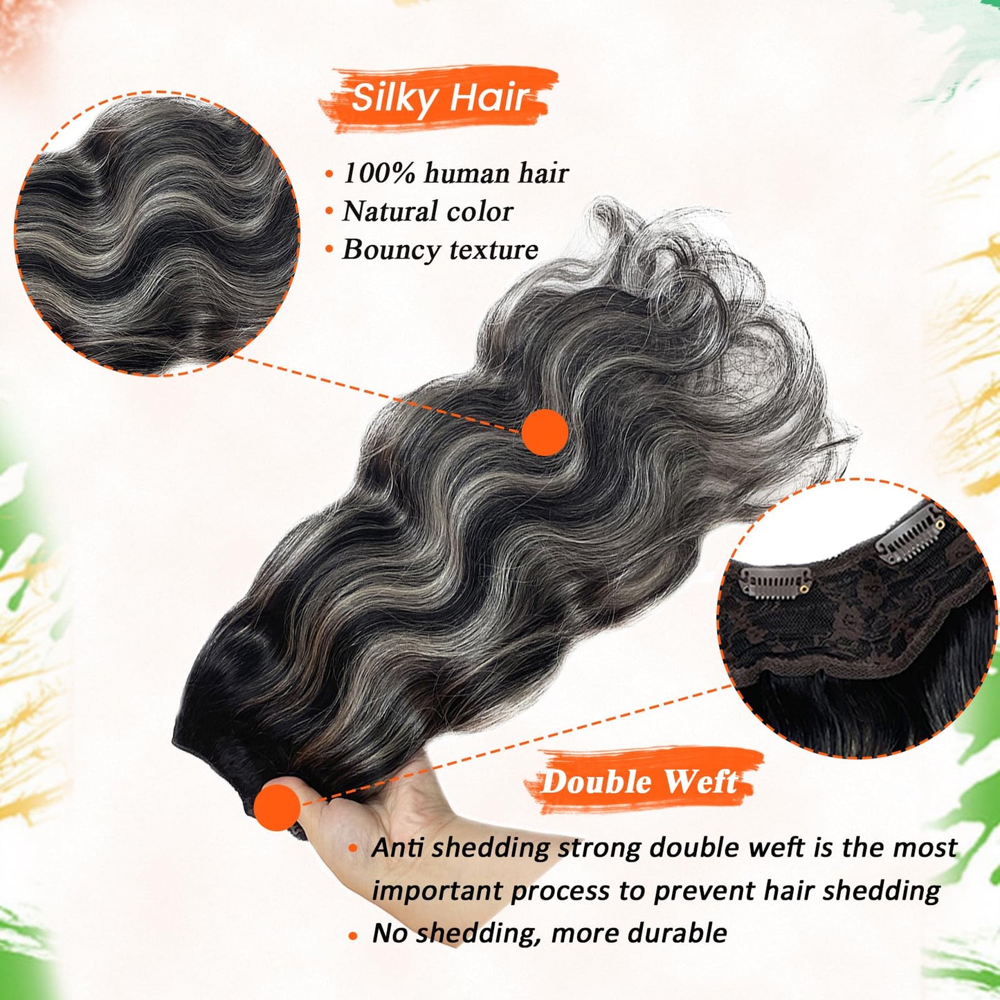 Body Wave Human Hair Clip in Extensions, One Piece Natural Black to Grey Clip in Hair Extensions Real Human Hair Clip in Hair Extensions Human Hair Curly Remy Hair Extensions Clip in Human Hair 14”