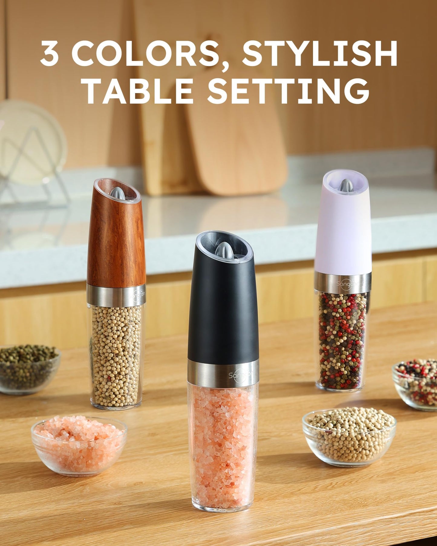 Sangcon Gravity Electric Salt and Pepper Grinder Set 𝐔𝐩𝐠𝐫𝐚𝐝𝐞𝐝 𝟗𝐨𝐳 𝐗𝐋 𝐂𝐚𝐩𝐚𝐜𝐢𝐭𝐲 Battery Powered Refillable Automatic Operation Adjustable Coarseness Mill Grinder Shakers Set