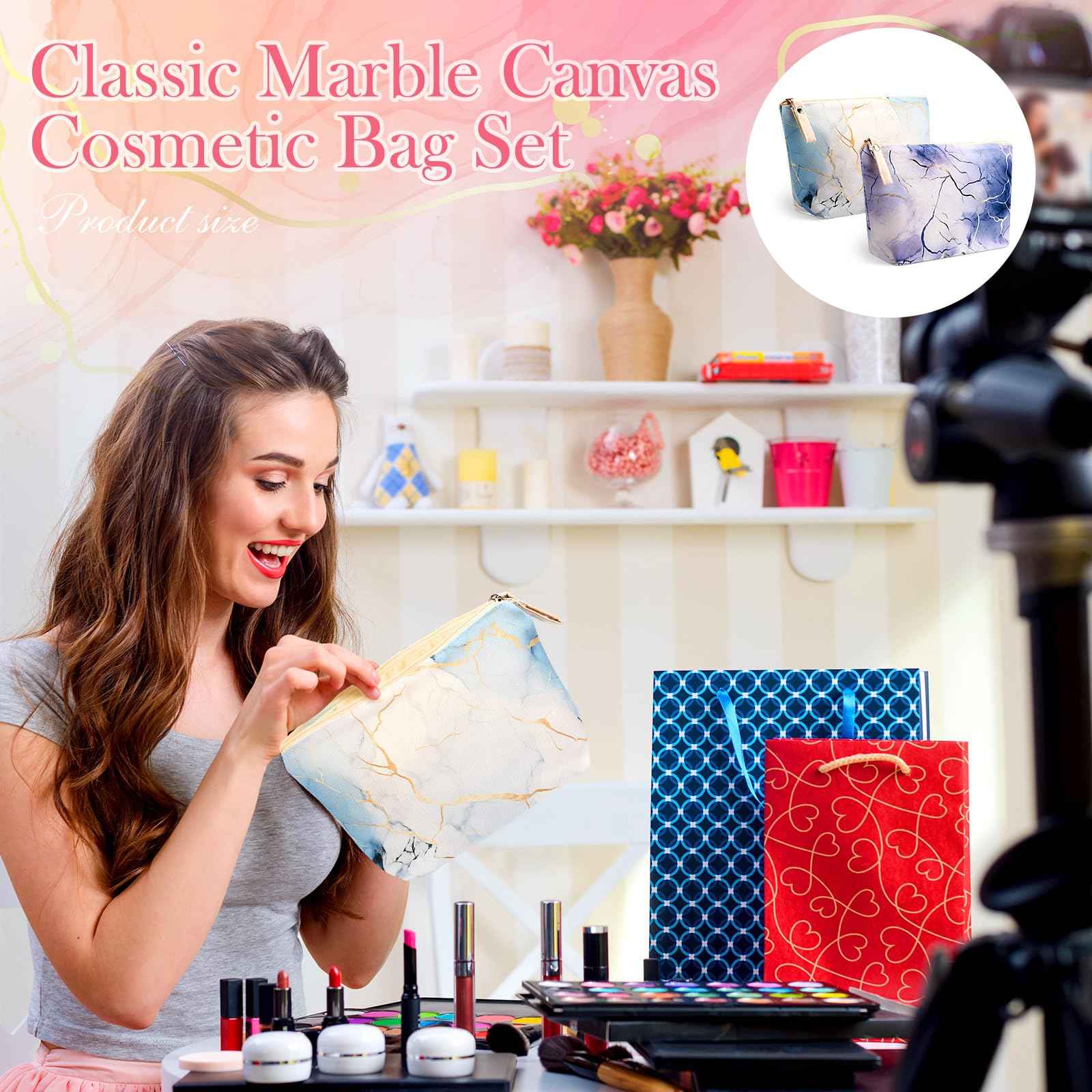 Boao 6 Pieces Canvas Cosmetic Bags Pouches for Purse with Zipper Printed Makeup Bag Multi Function Canvas Travel Pouch Organizer Pouch for Women Vacation Travel, 6 Styles(Marbling Style)