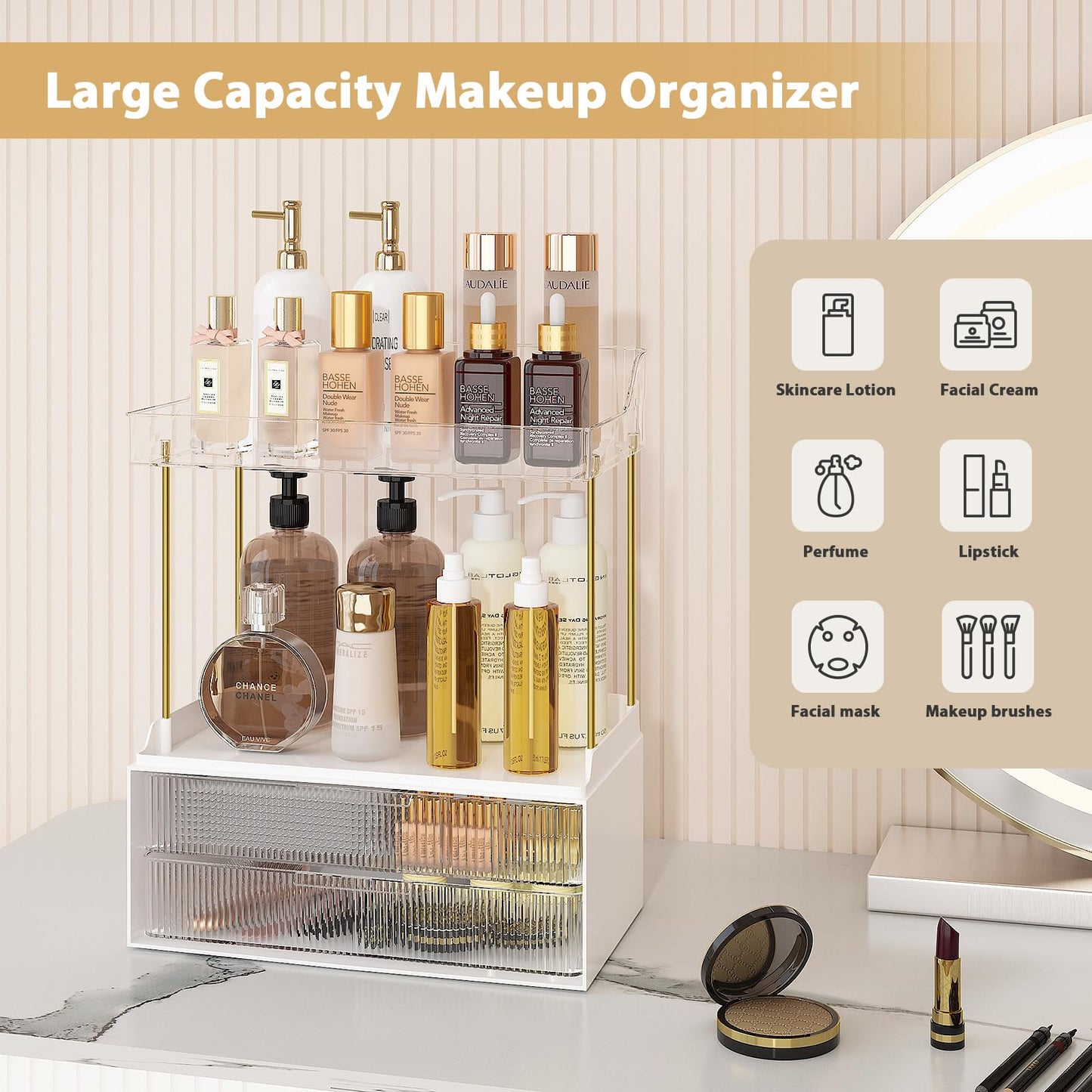 Webetop Bathroom Organizers and Storage Countertop, Large Skincare Counter Organizer with 2 Drawers, Makeup Organizer for Vanity Storage, Cosmetics, Perfume, Toiletry (Clear)