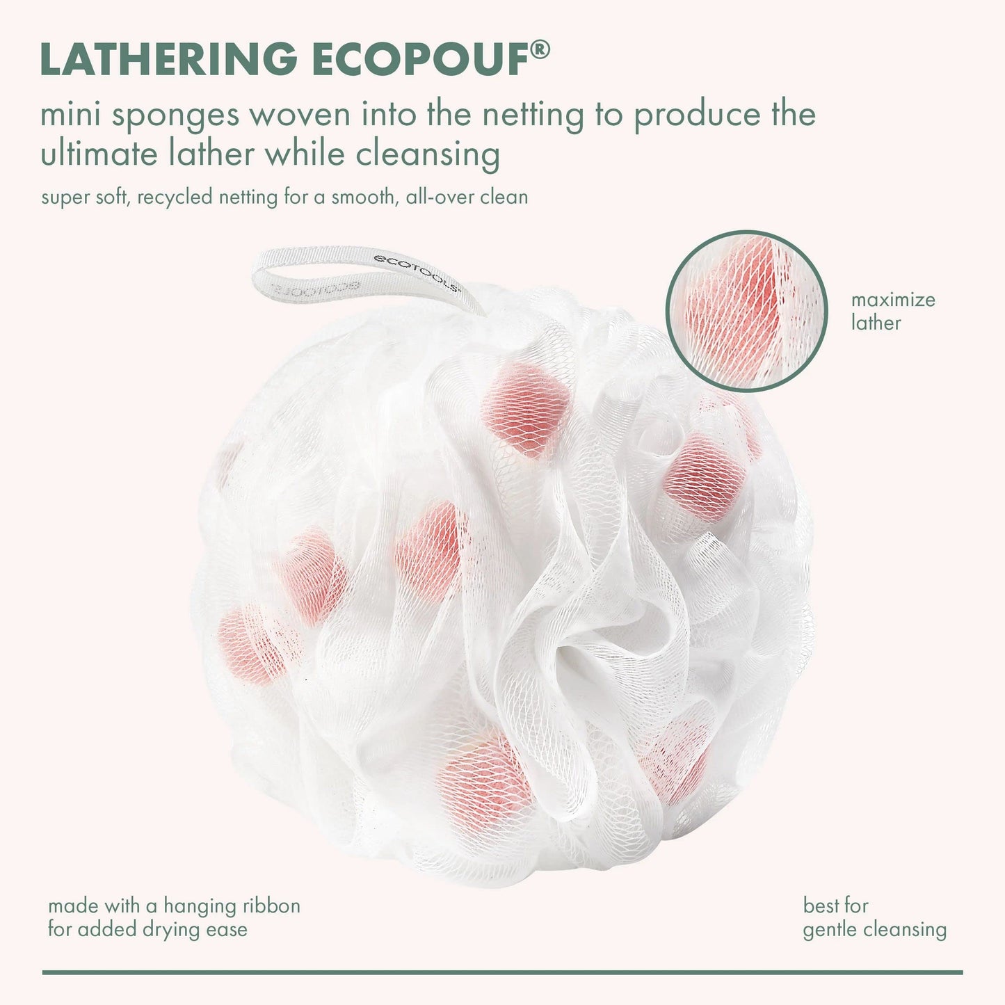 EcoTools Lathering EcoPouf 6 Pack, Loofah Infused with Mini Sponges, Provides Rich Lather, Recycled Netting, Gentle Exfoliation in Bath Or Shower, Pouf Removes Dead Skin, Cruelty-Free