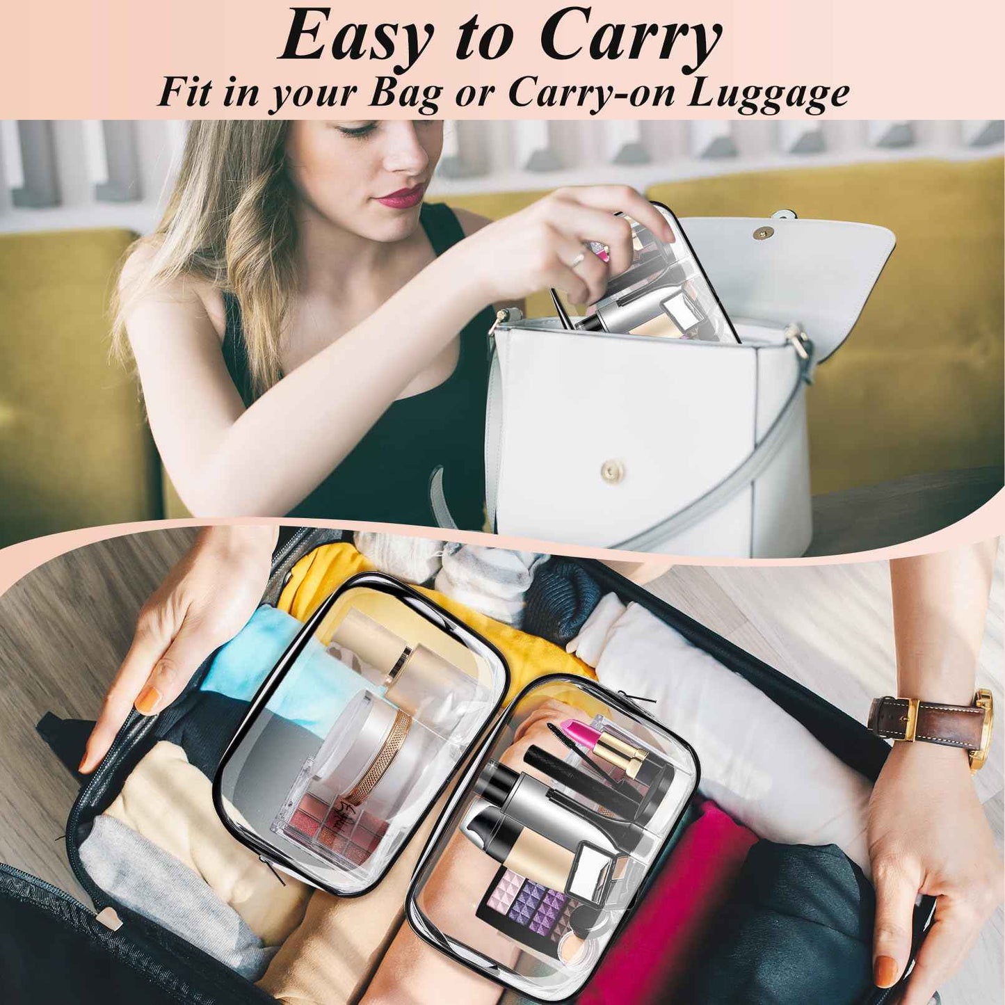 JEFHOMKIT 16 PCS Clear Makeup Bags,Clear Toiletry Bags TSA Approved,Waterproof Clear Cosmetic Bags,PVC Travel Bag with Zipper,Portable Transparent Cosmetic Pouches for Women Men Vacation(Black,Medium)