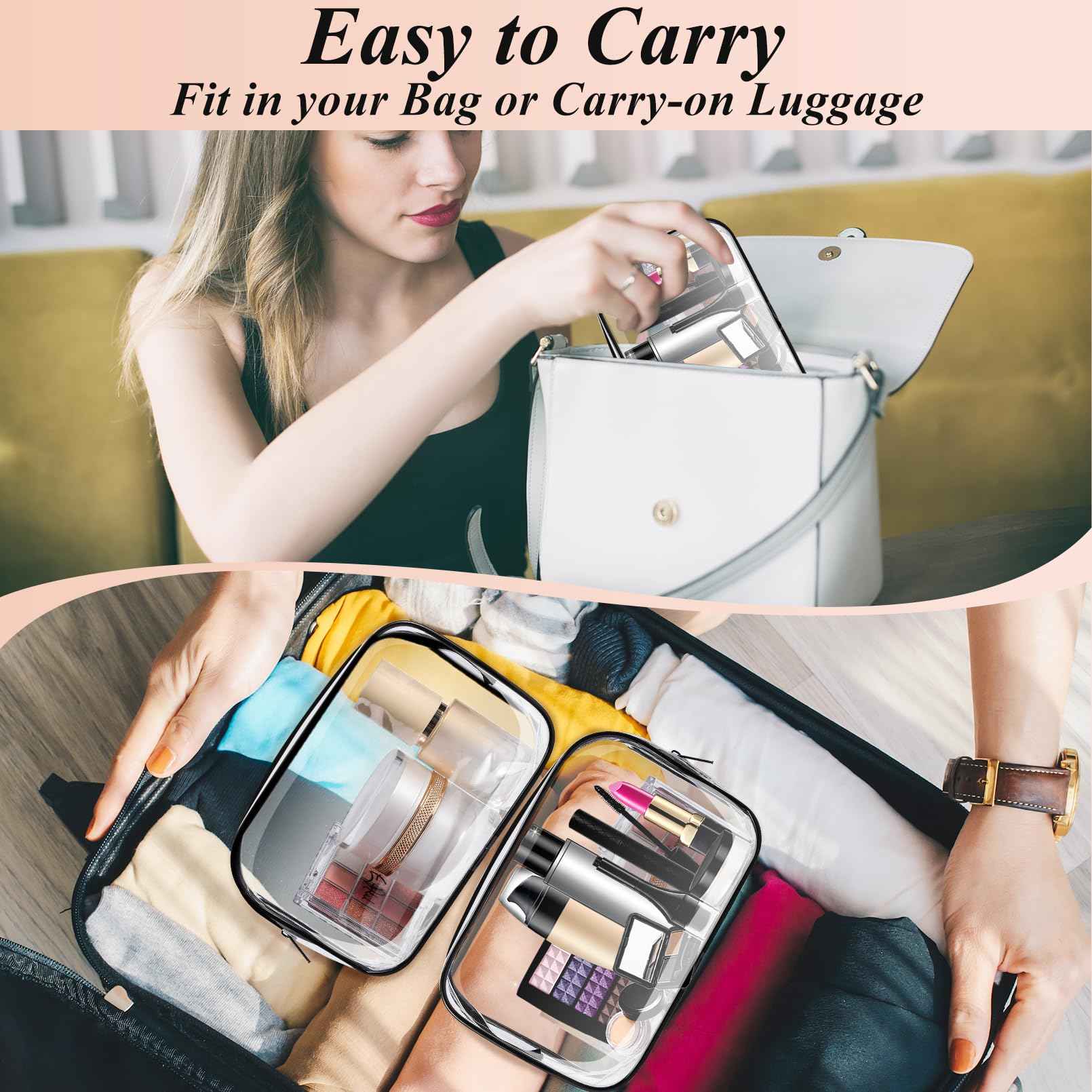 JEFHOMKIT 16 PCS Clear Makeup Bags,Clear Toiletry Bags TSA Approved,Waterproof Clear Cosmetic Bags,PVC Travel Bag with Zipper,Portable Transparent Cosmetic Pouches for Women Men Vacation(Black,Medium)