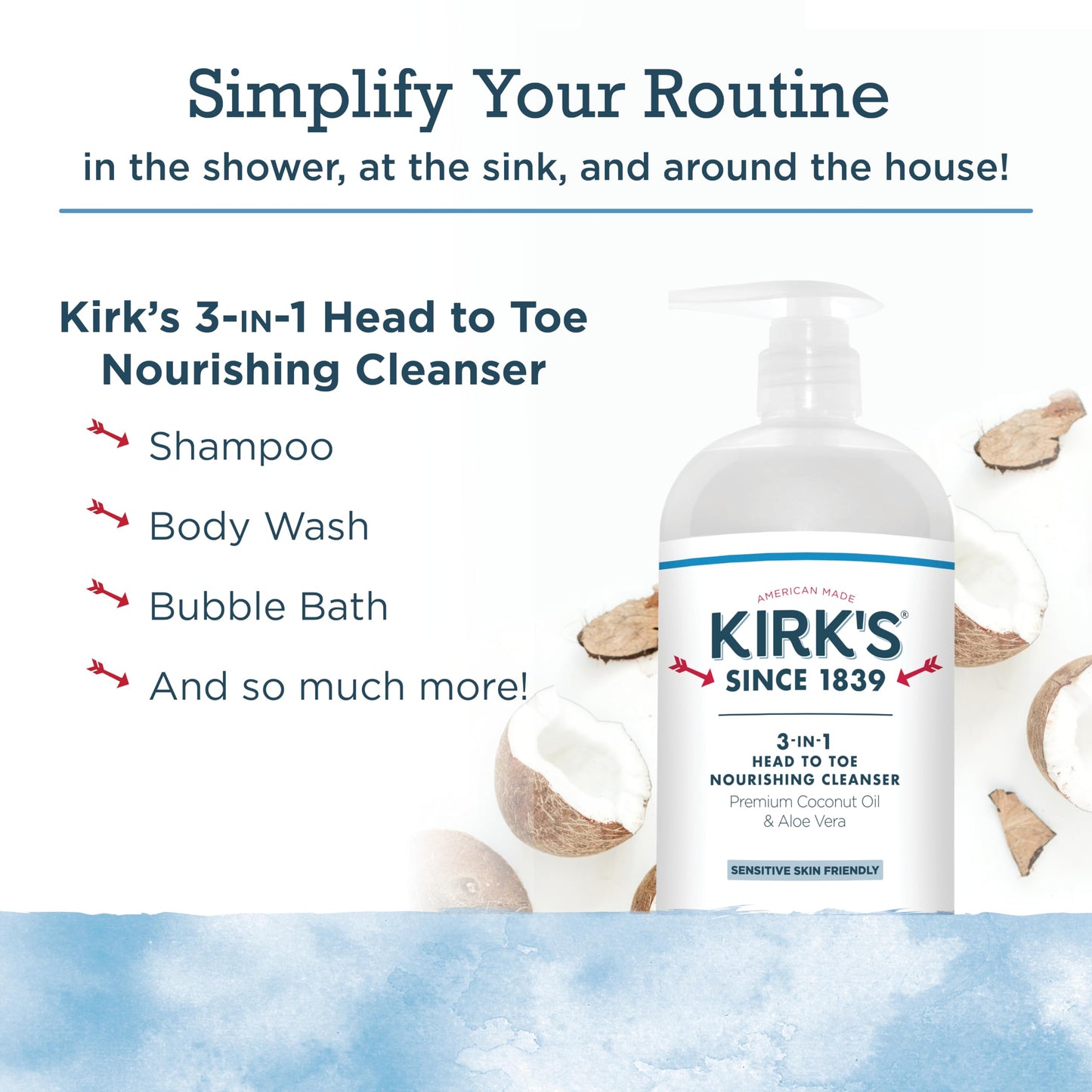 Kirk's 3-in-1 Head to Toe Nourishing Liquid Cleanser- for Men, Women & Children - Premium Coconut Oil & Aloe Vera- Non GMO & Vegan -Original Fresh Scent - 32 Fl Oz