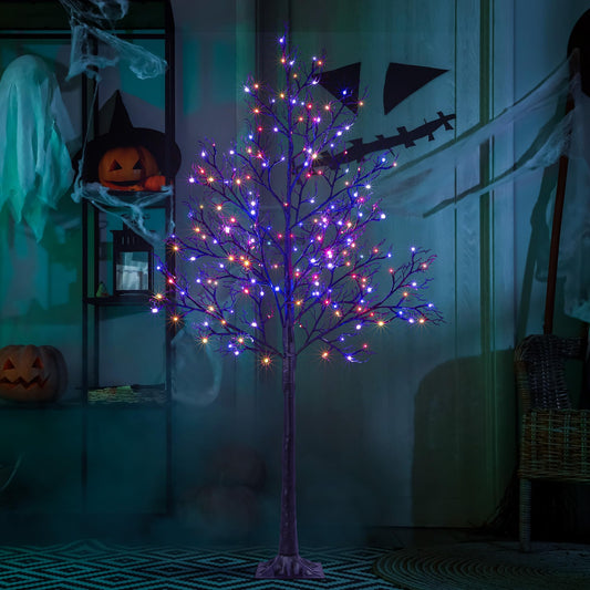 6 FT Halloween Lighted Tree 200 LED Orange and Purple Lights Artificial Black Spooky Tree Outdoor Indoor Decoration Christmas Festival Decor