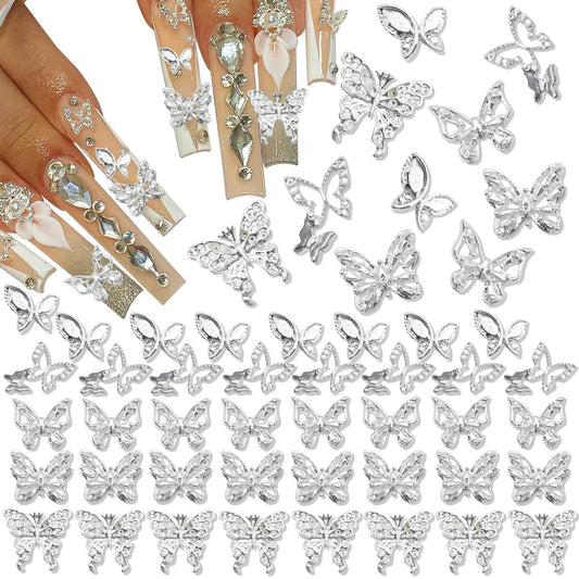 RODAKY 50PCS Silver Butterfly Nail Charms 3D Butterflies Charms for Nails Metal Butterfly Nail Jewelry Shiny Nail Gems for Manicure Design Nail Decoration Accessories for Nails Art