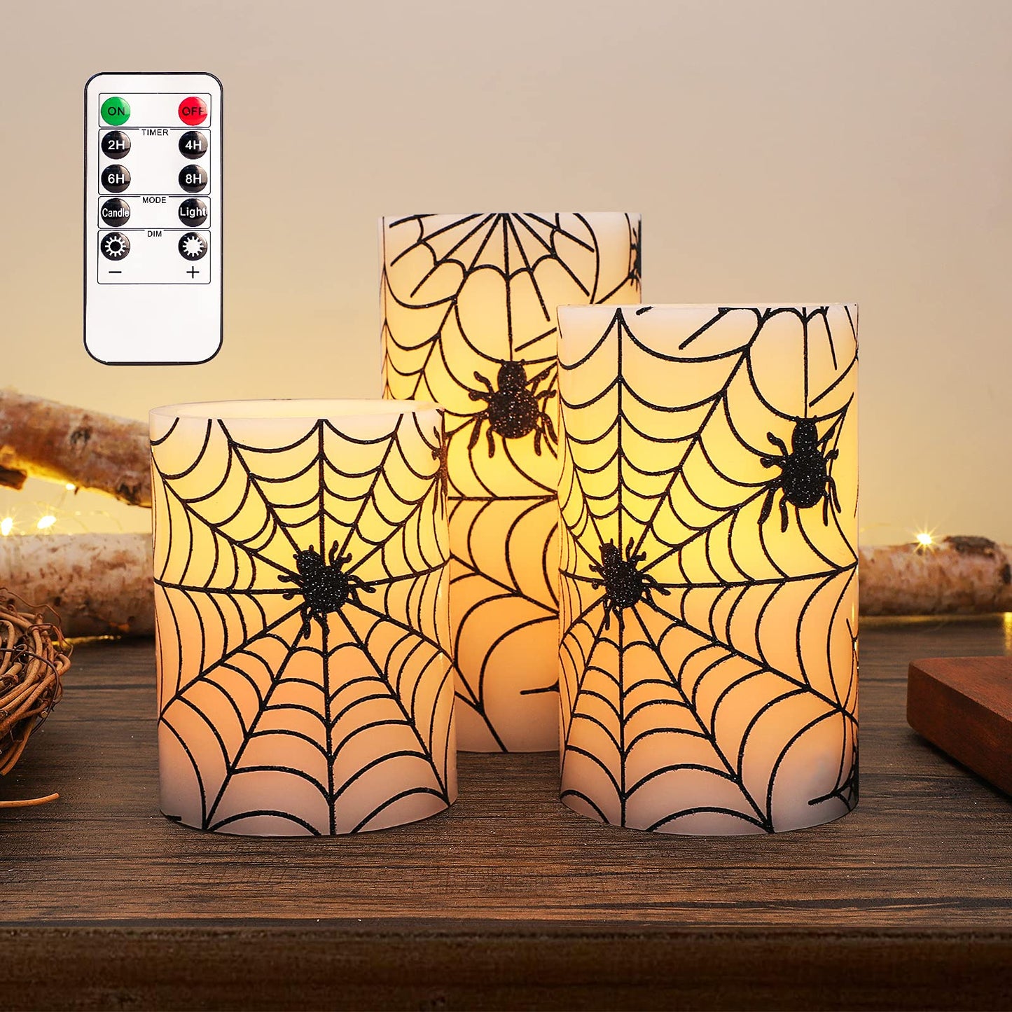 REVELBUNNY Halloween Flameless Candles, Spider Web Decal LED Flickering Candles with Remote Timer, Battery Operated Real Wax Pillar Candle for Halloween Home Party Spooky Decoration, Set of 3