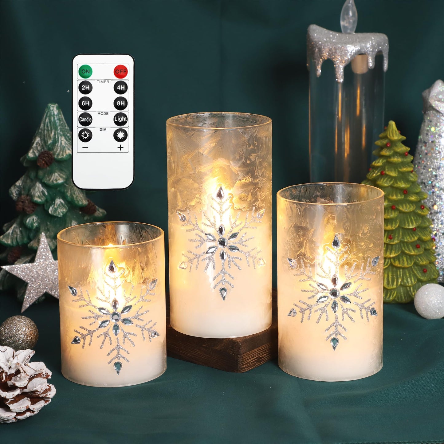 MELTONE Christmas Snowflake LED Candles Real Wax Flickering Glass Flameless Candles with Remote - Home Bedroom Party Holiday Decorations - Set of 3