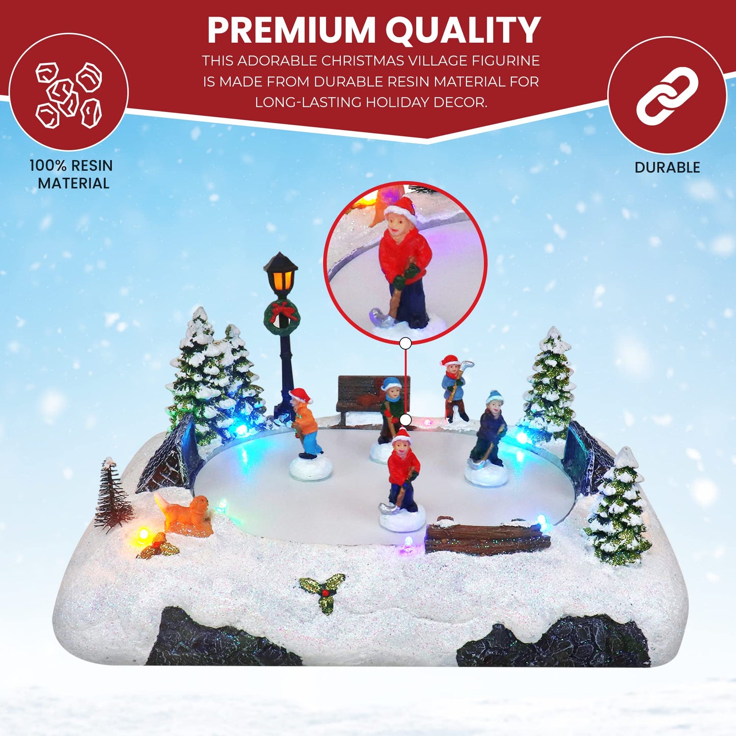 Christmas Village Tabletop Hockey Skating Rink - Animated Musical Pre-lit Winter Snow Village - Perfect Addition to Your Christmas Indoor Home Decorations - Great Centerpiece for Your Collection