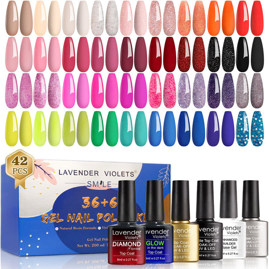 Lavender Violets 42 Pcs Gel Nail Polish Set with 36 Gel polish Colors Coat, 6 Bottles of Base top Coat, Glossy Matte Diamond Shine Glow in the Dark Top Coat for Nail Art C950