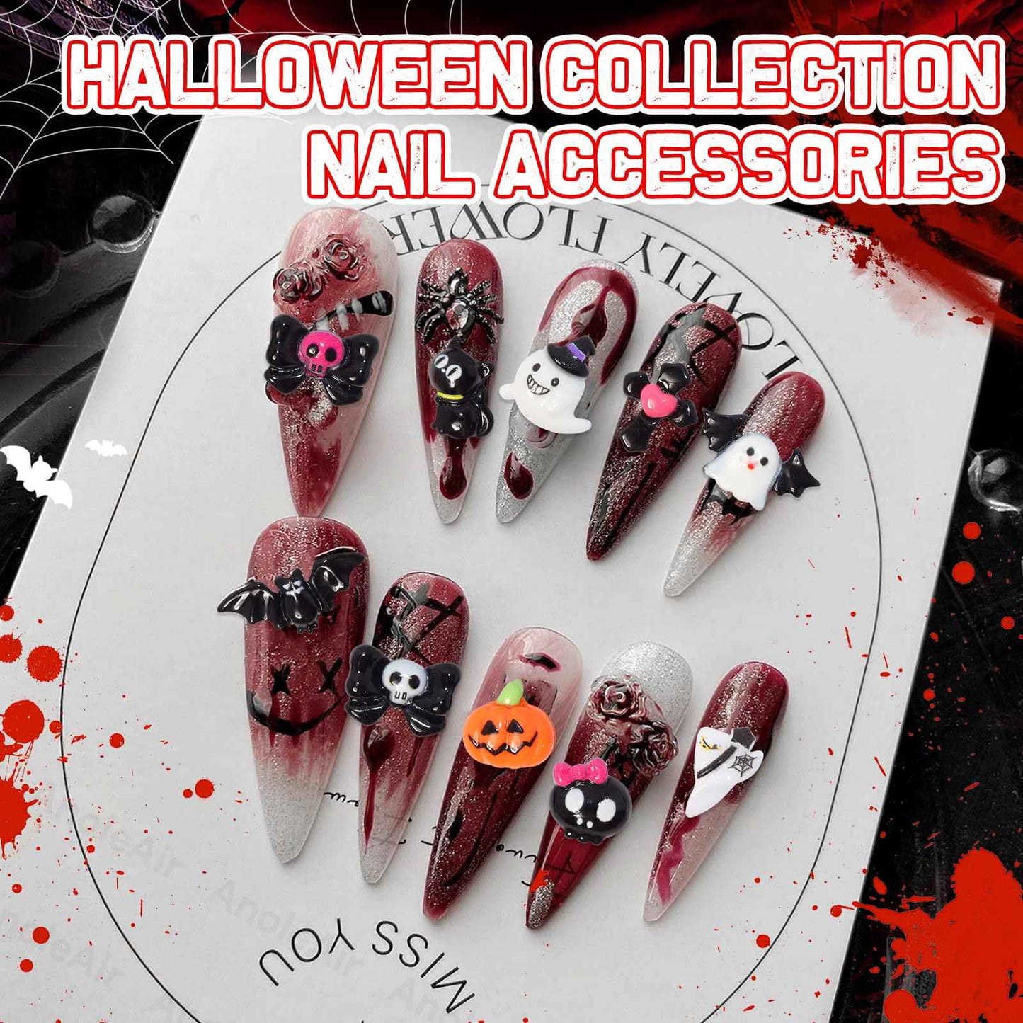 Halloween Resin Charms, 3D Vintage Punk Spider Skull Pumpkin Ghost Bat Nail Art Charms, Halloween Gothic Mini Figurines Charm for Nail Art Supplies DIY Crafts Accessories