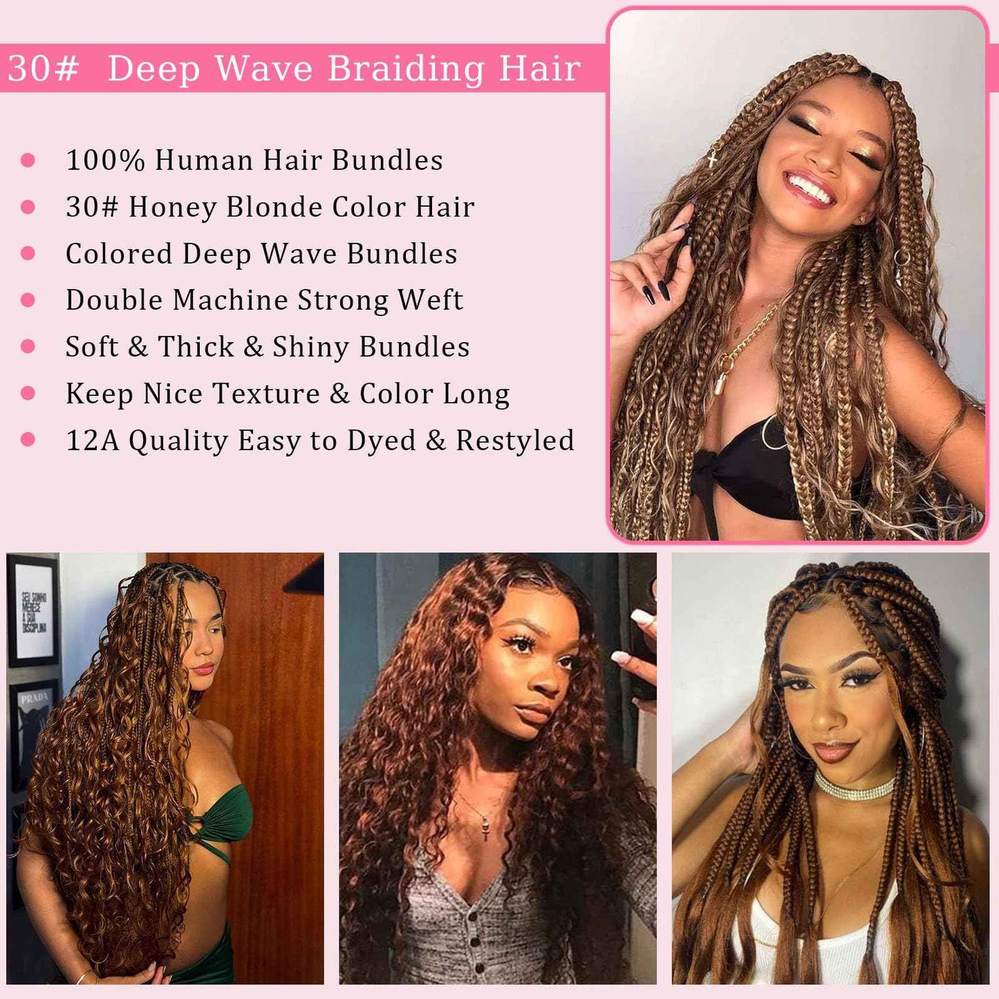 Habiliana 30 Auburn Brown Deep Wave Bulk Human Braiding Hair 2 Bundles Total 100g 18 Inch Human Hair Bundles Braiding Brazilian Virgin Curly Human Hair Extensions for Boho Braids