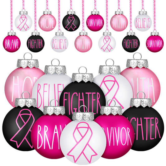 Thyle 16 Pcs Breast Cancer Ornaments Breast Cancer Awareness Decoration for Tree Pink Ribbon Ornament Bulb Pink Black Hope Brave Breast Cancer Gifts for Xmas Tree Home