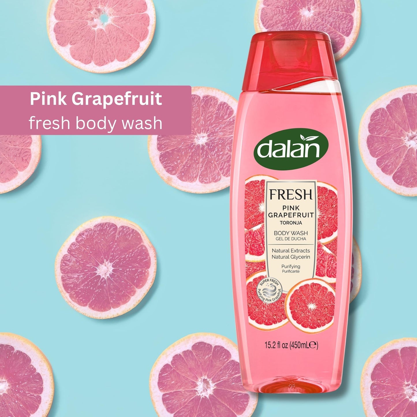 Dalan Natural Extracts Body Wash, with Fresh Pink Grapefruit & Aloe Vera & Sea Minerals, 15.2 fl oz (1 Pack, Grapefruit)