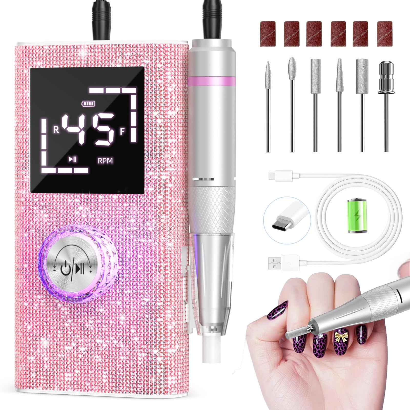 Professional Electric Nail Drill File,45000RPM Portable Machine E File with Bits & Base,Rechargeable Cordless Nail Drill Kit for Shaping,Removing & Polishing Acrylic Nails Gel for Salon Home (Pink)