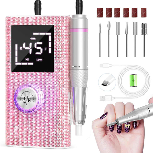 Professional Electric Nail Drill File,45000RPM Portable Machine E File with Bits & Base,Rechargeable Cordless Nail Drill Kit for Shaping,Removing & Polishing Acrylic Nails Gel for Salon Home (Pink)