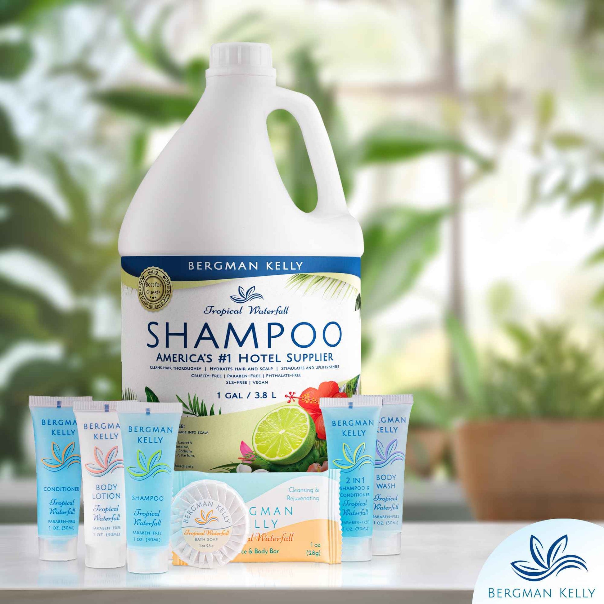 Bergman Kelly Refill Gallon Size Shampoo (128 fl oz, Tropical Waterfall Scent), Delight Your Guests with an Invigorating and Refreshing Shampoo, Quality Guest Hotel Toiletries in Bulk