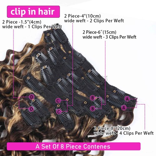 Curly Clip in Hair Extensions Real Human Hair 14inch 100g Invisible & Seamless 100% Brazilian Remy Human Extension Deep Wave Clip ins Extensions Double Weft 8 PCS with 20 Clips Highlight P427