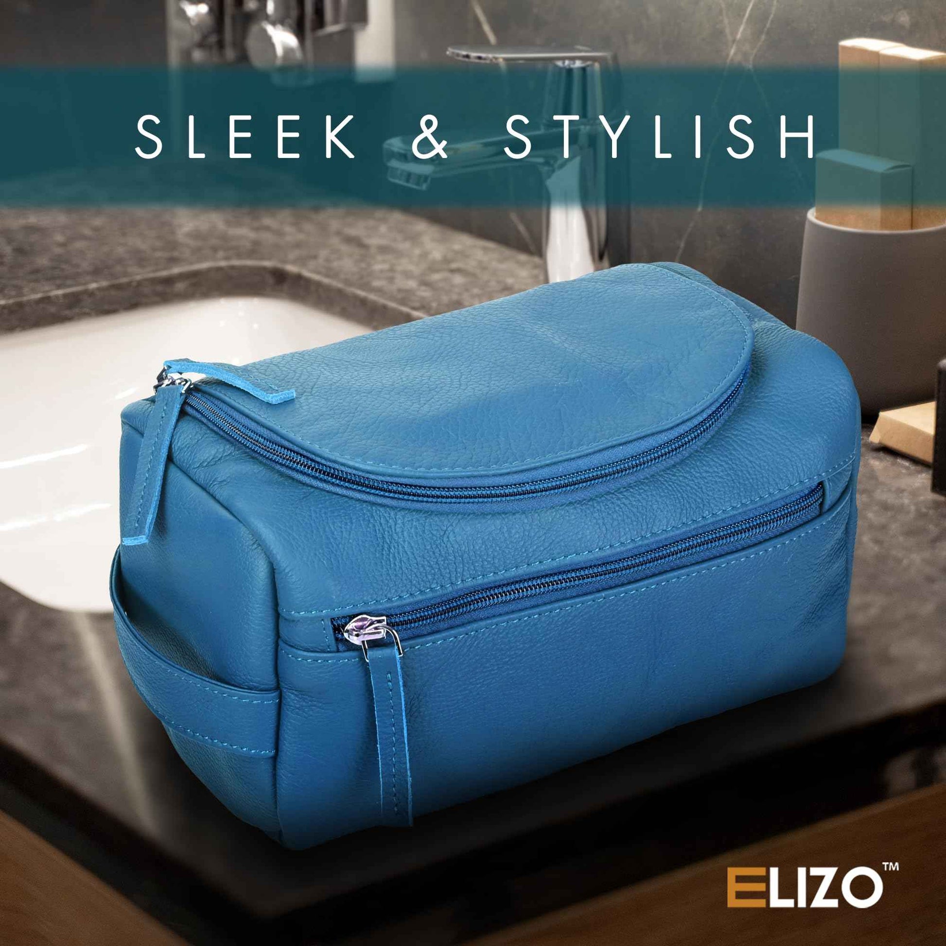 ELIZO Premium REAL Leather Toiletry Bag for Men Dopp Kitt Hanging Mens Toiletry Large TSA Toiletries Bag Shaving Grooming Bag Organizer Espresso (Blue, Large)
