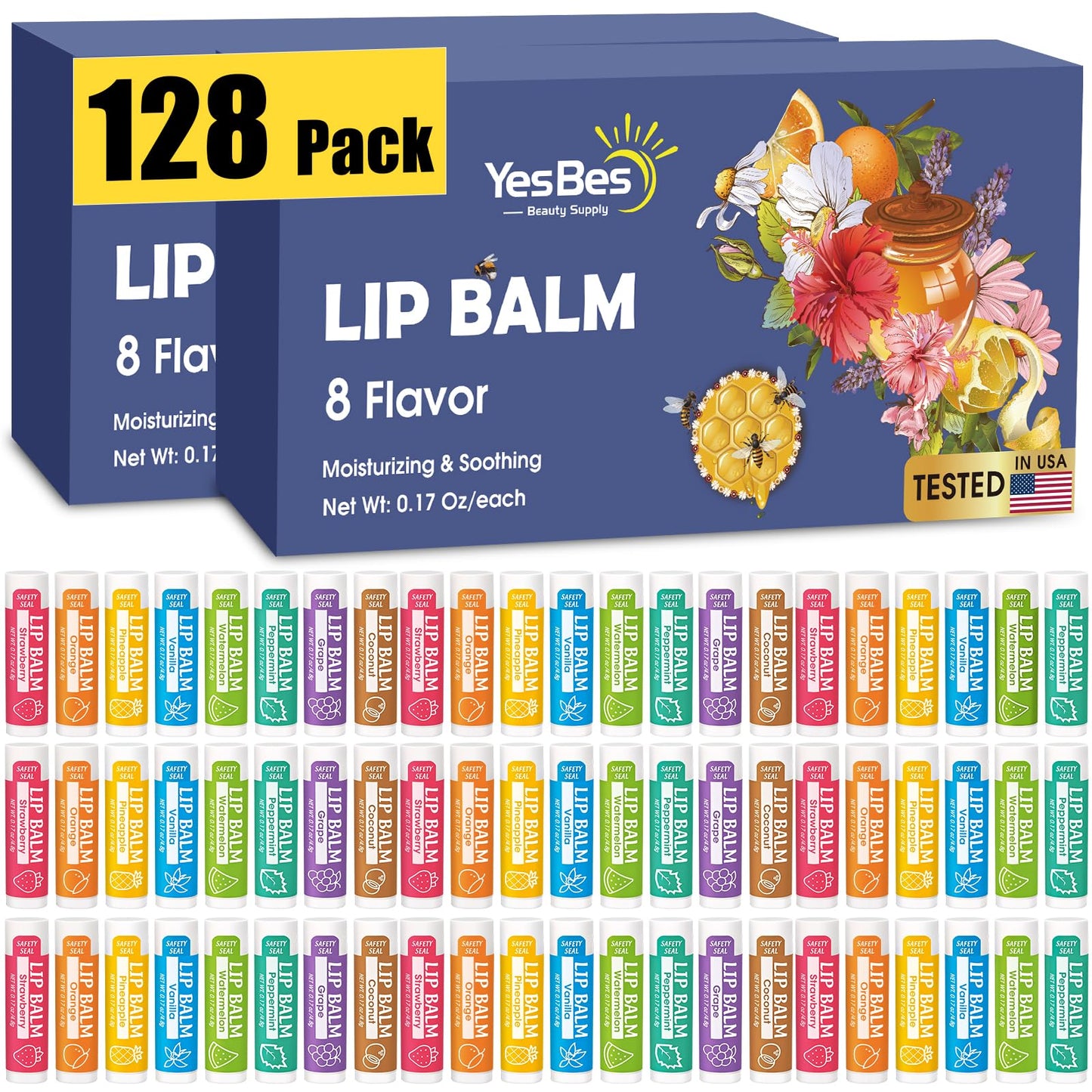 YesBes 128 Pack Lip Balm, Natural Lip Balm Bulk with Vitamin E and Coconut Oil, Moisturizing Lip Balm for Dry Cracked Lips, Lip Balm for Stocking Stuffers - 8 Flavors