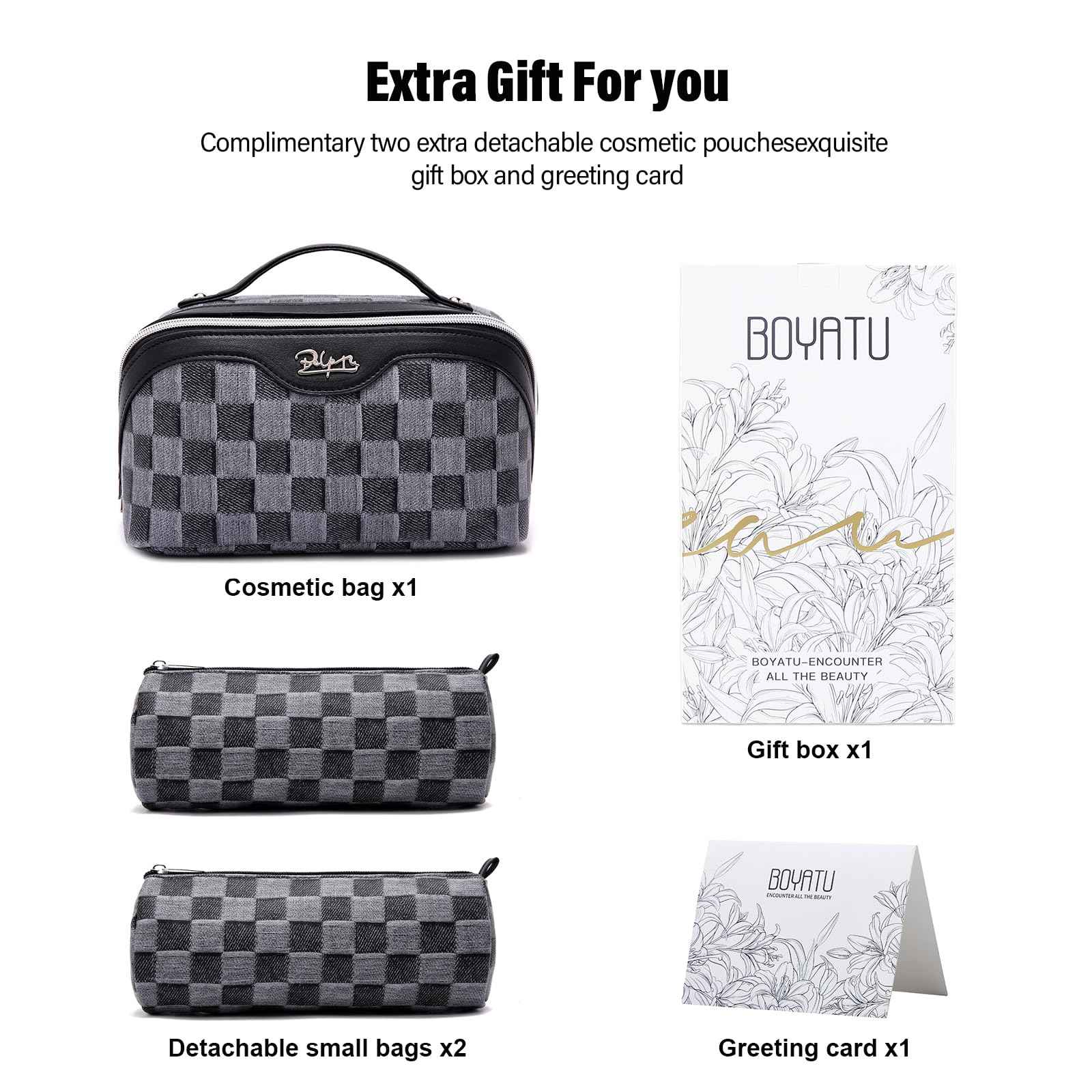 BOYATU Travel Makeup Bag for Women: Large Cosmetic Bag Set of 3 - PU Leather Make up Bag with Compartments - Compact Waterproof Toiletry Bag with Divider & Handle (D-2-Black)