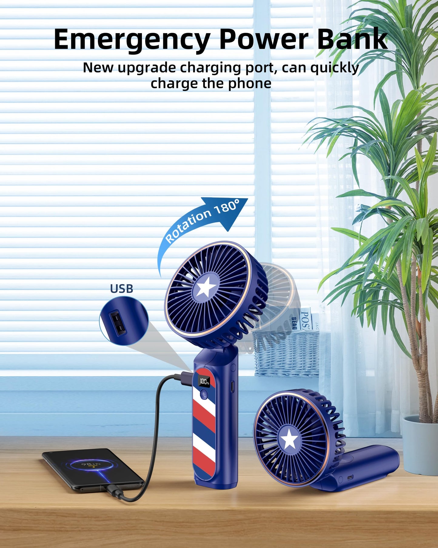 TUNISE Portable Handheld Fan, Neck Fan, 4000mAh Desk Fan, 180° Adjustable, 6 Speed Wind, Display Electricity in Real Time, USB Rechargeable Foldable Fan, Quiet Personal Fan