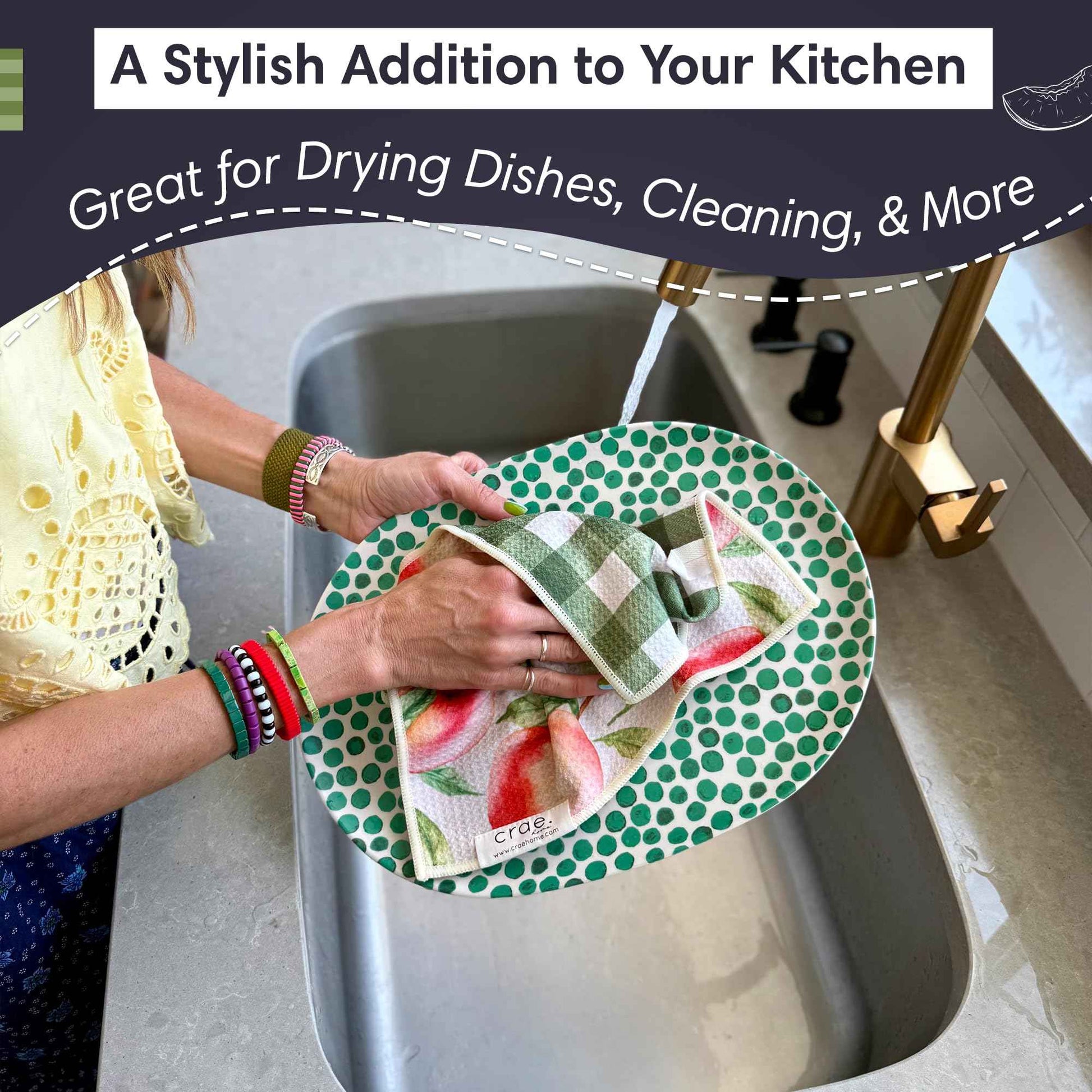 crae. Reversible Microfiber Washcloths 12x12 – Super Absorbent, Quick Drying Waffle Weave – Lint-Free, Scratch-Free Cleaning Cloths for Kitchen, Home, Cars & Windows (Peaches & Cream- Green/Multi)