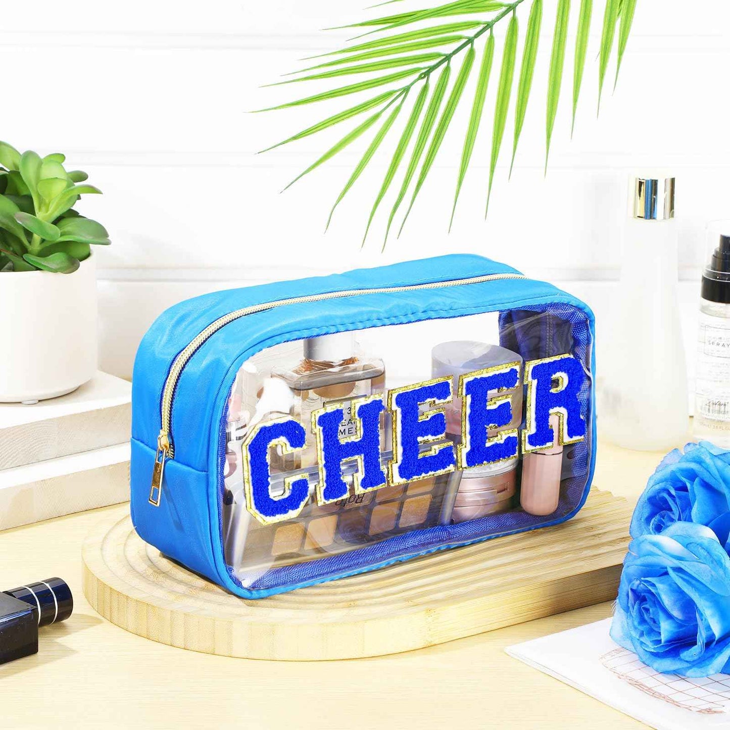 Abbylike Cheer Clear Makeup Letter Bag Cosmetic Zipper Cheers Pouch Chenille Patch Cheerleader Gifts Preppy Cheer Nylon Handmade Toiletry Bags for Women Girls Gifts (1, Blue)