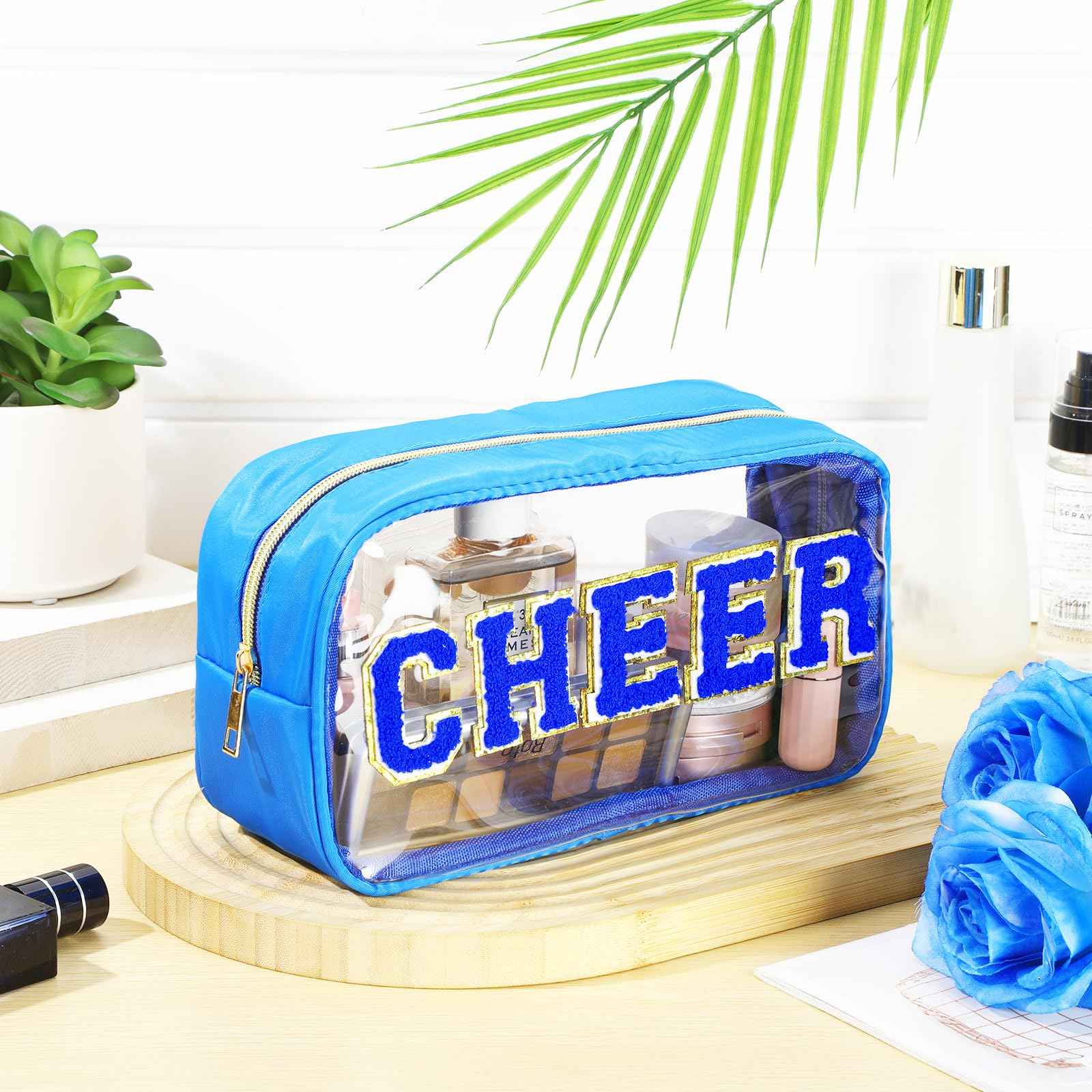 Abbylike Cheer Clear Makeup Letter Bag Cosmetic Zipper Cheers Pouch Chenille Patch Cheerleader Gifts Preppy Cheer Nylon Handmade Toiletry Bags for Women Girls Gifts (1, Blue)