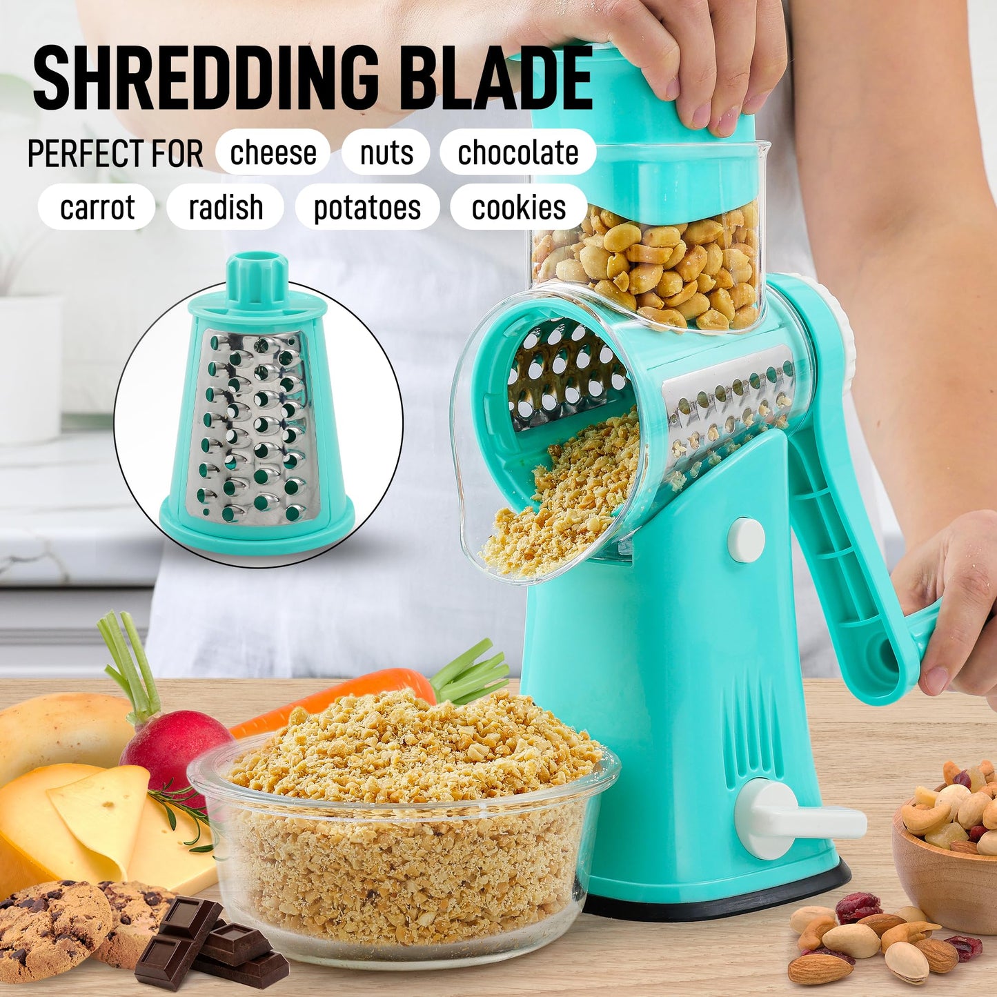 Zulay Rotary Cheese Grater 5 Blade Cheese Shredder - Manual Hand Crank Cheese Grater With Reinforced Suction & 5 Interchangeable Drums - Easy to Use Vegetable Chopper - Calm Teal