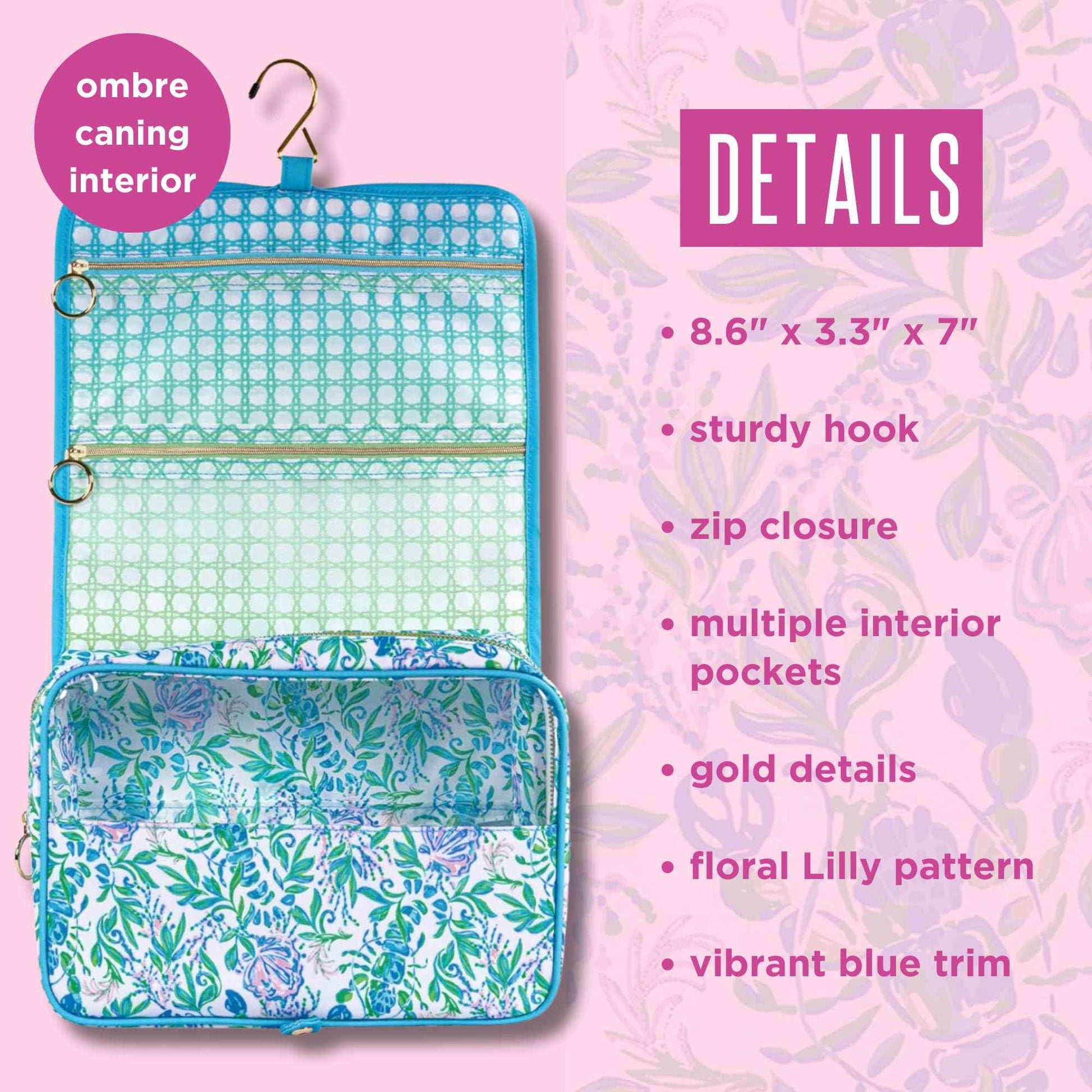 Lilly Pulitzer Travel Toiletry Bag with Handle, Pockets, and Zipper, Hanging Travel Organizer for Makeup and Toiletries, Just a Pinch