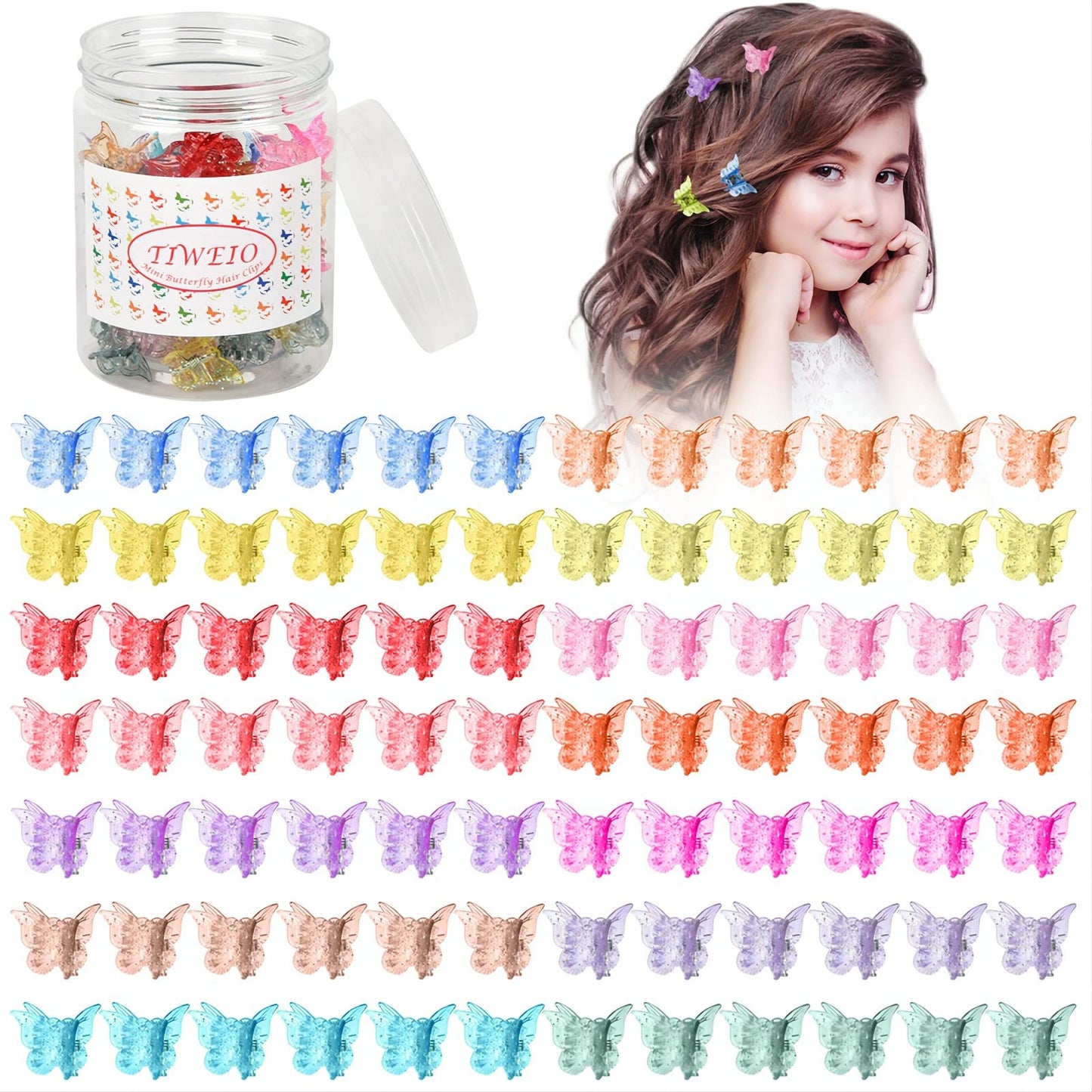 100Pcs Butterfly Glitter Hair Accessories - Tiweio Colorful Small Hair Claw Clips, 14 Sparkle Candy Colors for Women and Girls with Gift Box