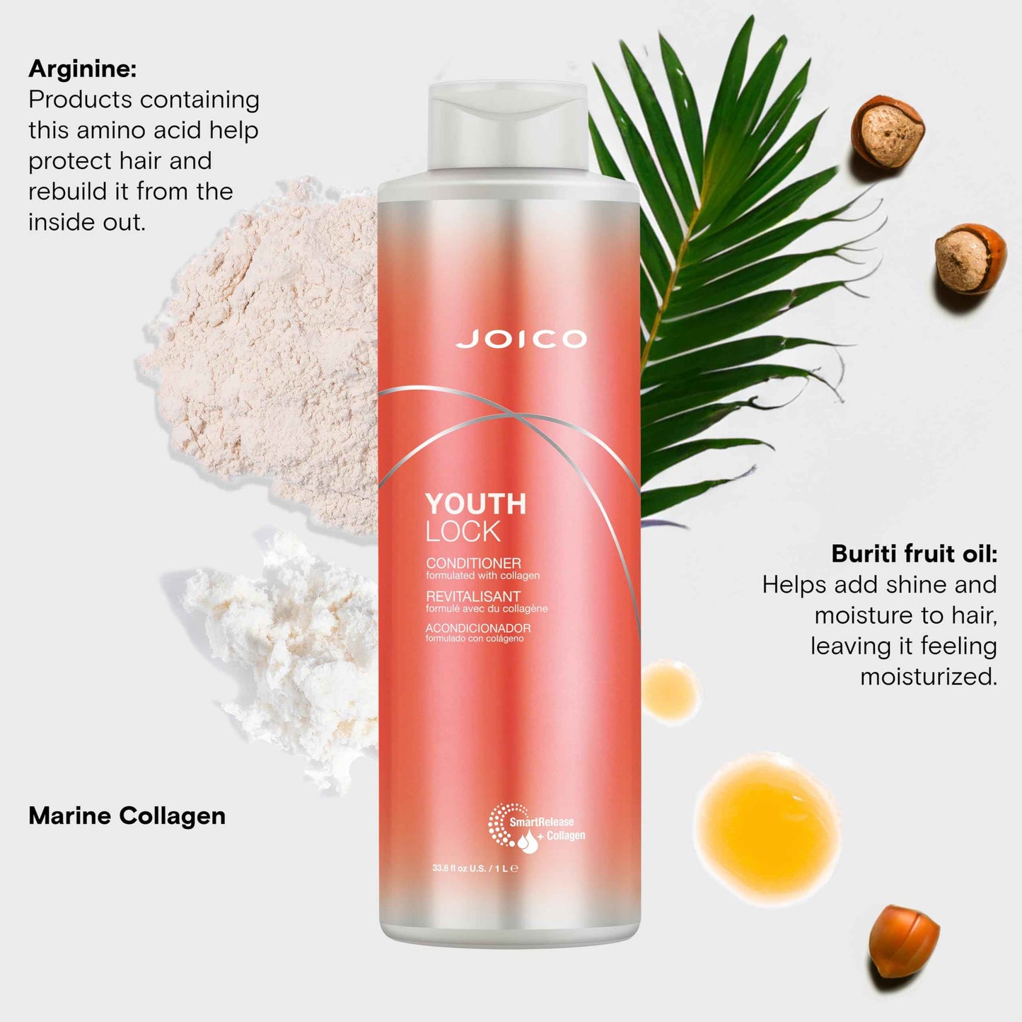 Joico YouthLock Conditioner Formulated With Collagen | Youthful Body & Bounce | Reduce Breakage & Frizz | Soften & Detangle Hair | Boost Shine | Sulfate Free | With Arginine | 33.8 Fl Oz