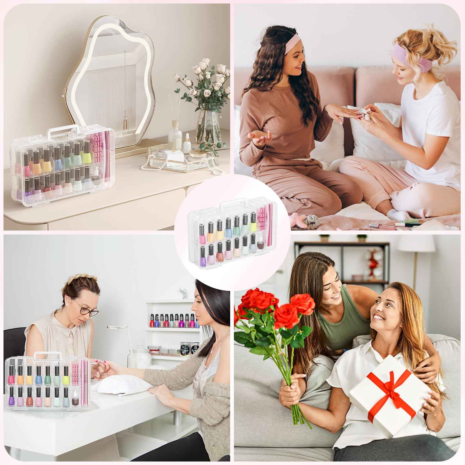 Lifewit Nail Polish Organizer Case for 36 Bottles with 8 Adjustable Sections, Portable Sturdy Gel Nail Polish Storage Holder with 4 Nail Separators, Space Saver for Display Travel, 2 Pack, Clear