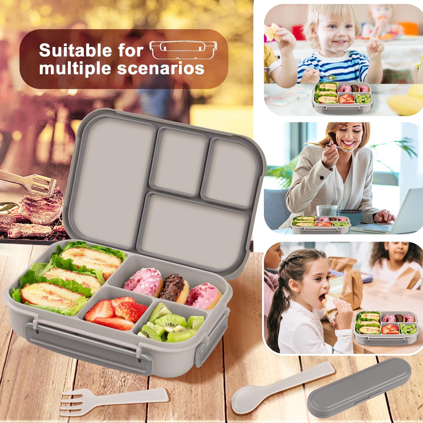 Amathley Lunch Box Kids,Bento Box Adult,Leakproof Lunch Containers for Adults/Kids/Toddler,1200ML-4 Compartments bento Lunch box with Utensil,Microwave & Dishwasher & Freezer Safe (White)