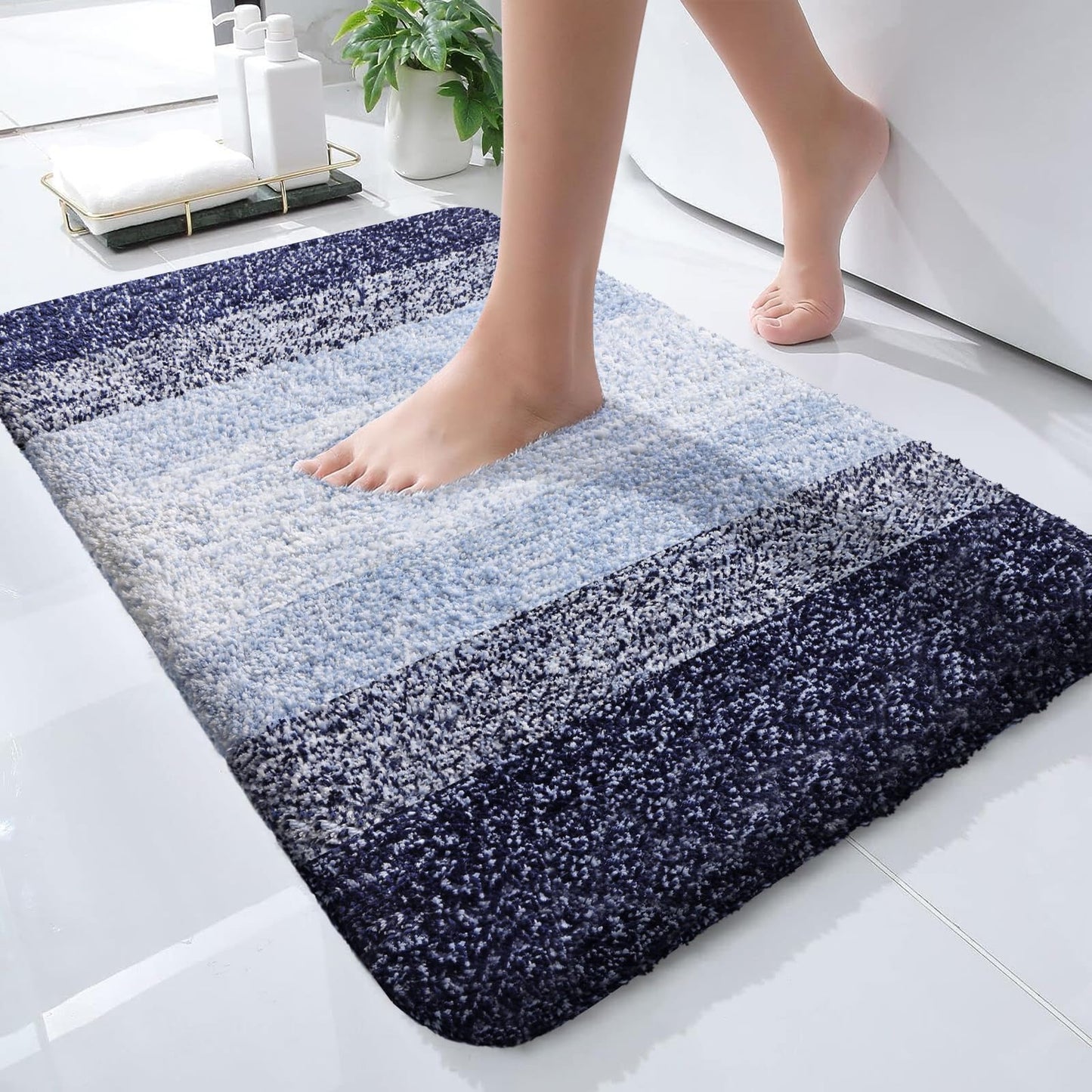 OLANLY Bathroom Rug Mat 24x16, Extra Soft and Absorbent Microfiber Bath Rugs, Non-Slip Plush Shaggy Bath Carpet, Machine Wash Dry, Bath Mats for Bathroom Floor, Tub and Shower, Navy Blue