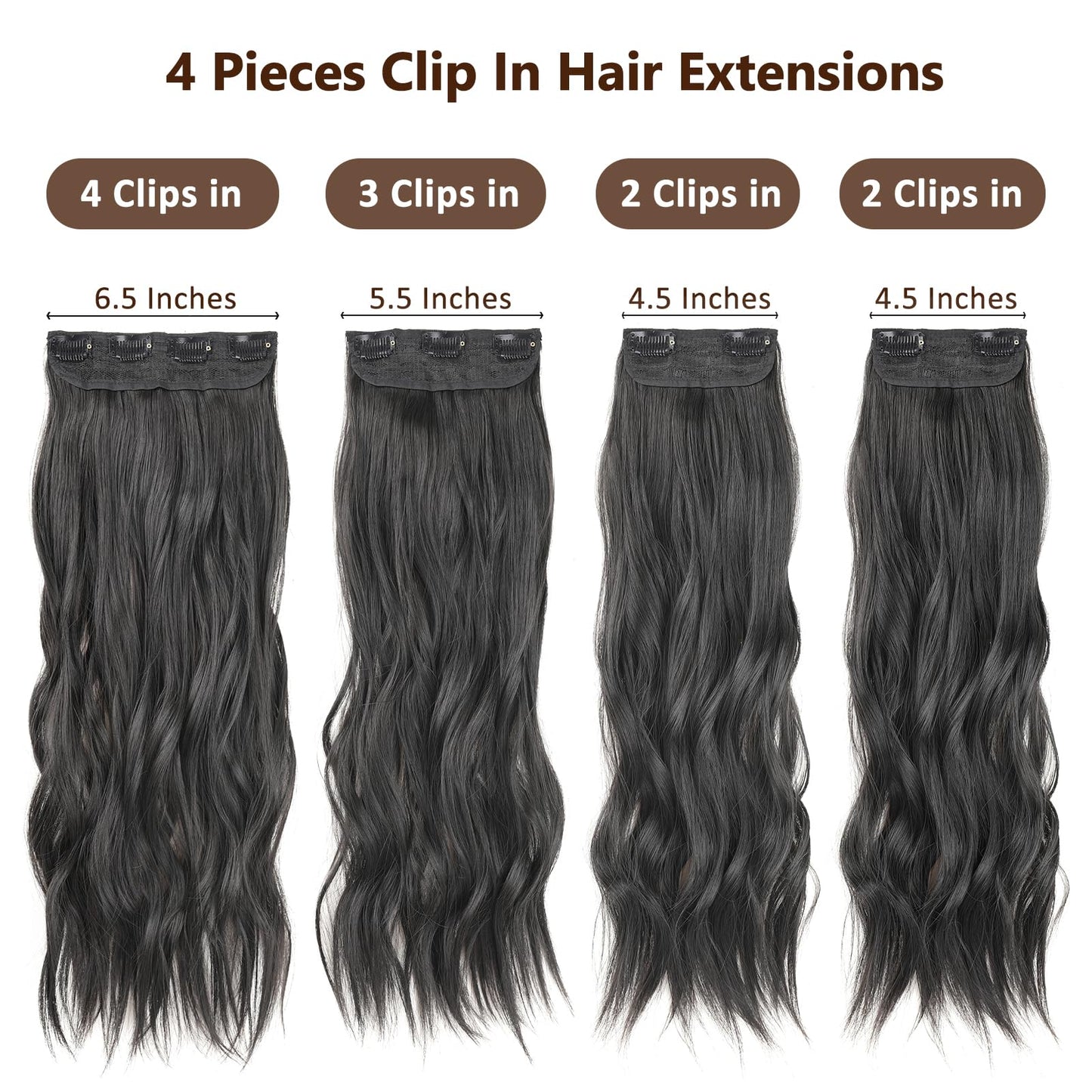 ZRQ 20 Inch Dark Brown Wavy Hair Extensions Clip in Hair Extensions Synthetic Hairpieces for Women 4PCS Full Head Set Thick Curly Wavy Synthetic Hair Extensions #4