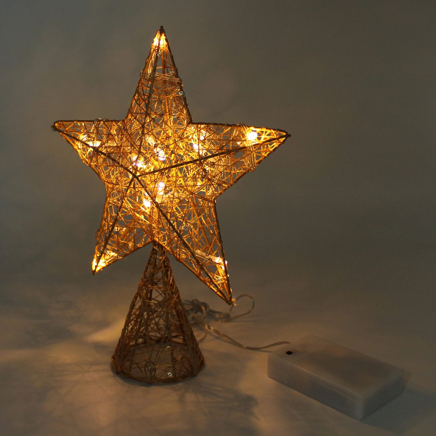 CVHOMEDECO. Gold Tree Top Star with Warm White LED Lights and Timer for Christmas Ornaments and Holiday Seasonal Décor, 8 x 10 Inch