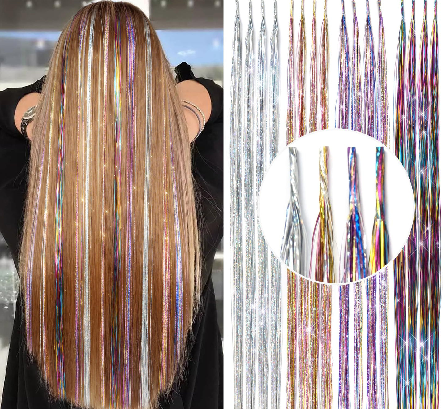 LyoRuSi 24 Inches Hair Tinsel Extensions Kit (Synthetic Feather Hair Extensions) With Kit Tools (16 Pcs/4 Colors) Glitter Tinsel Hair Extensions