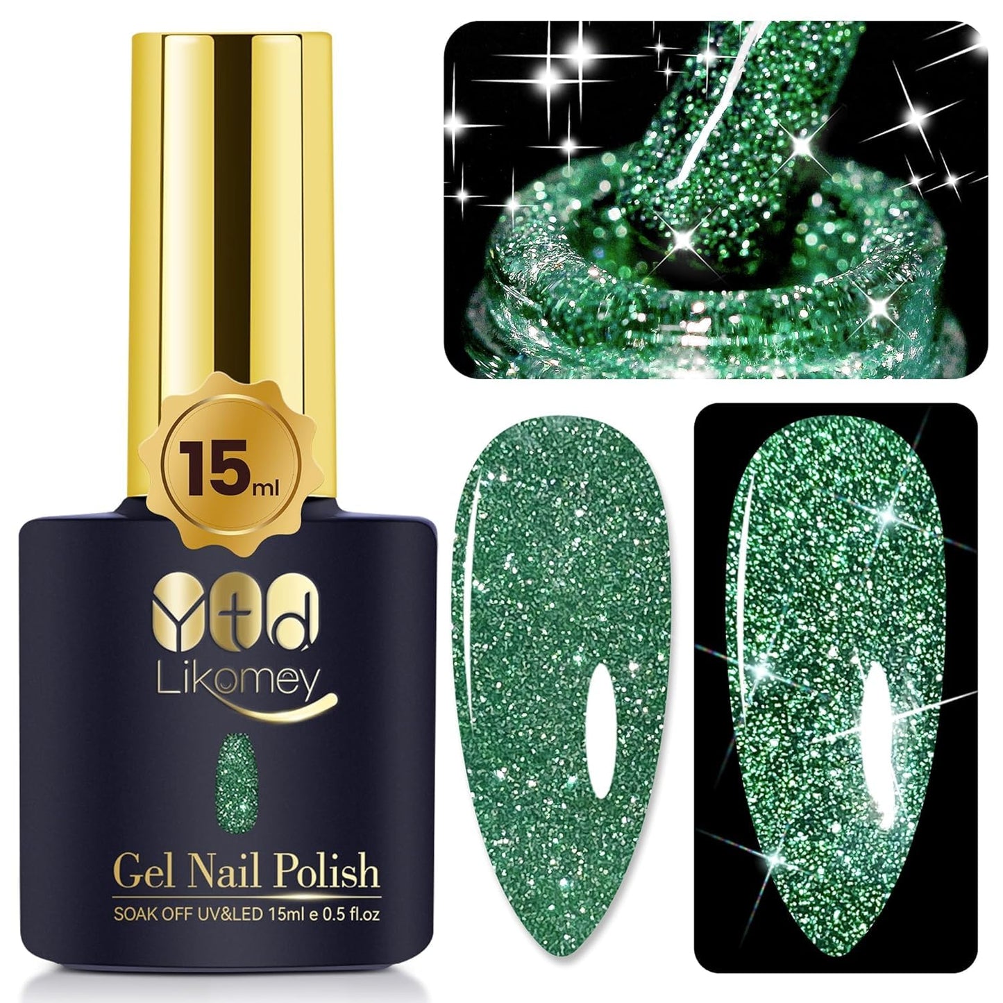 YTD Likomey Reflective Glitter Gel Nail Polish,15ml Green Flash Diamond Shimmer Nails Gel,Sparkly Shiny Salon Home Nail Art Manicure UV Nail Gel,SZ002