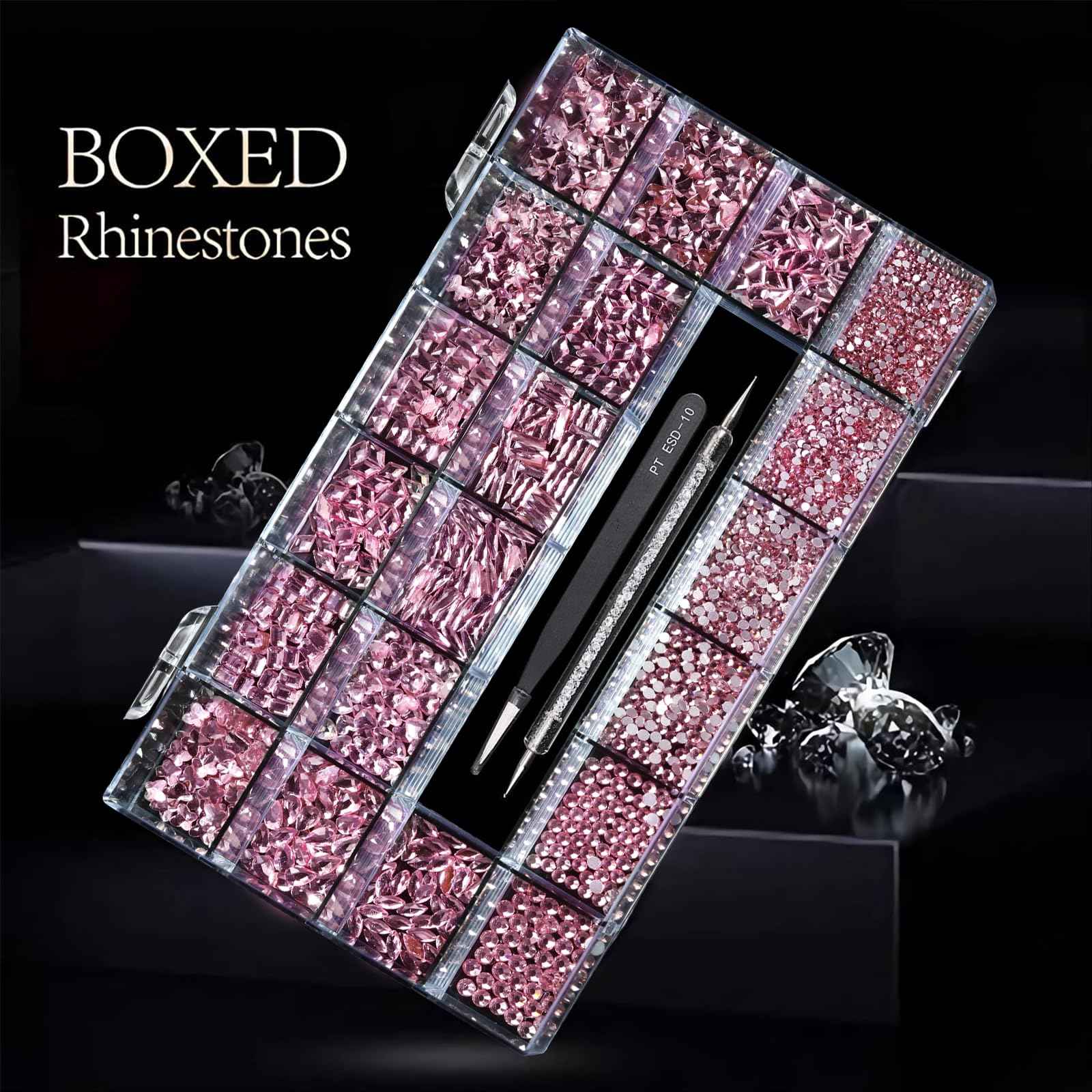 Yzzseven 14 Types of 700 Pink Diamonds + 1500 Flat Rhinestones Mix 20 Styles Flatback DIY Crafts Rhinestone Crystals 3D Ornament‌s Flat Back Stones Set + Tweezers + Drill Pen