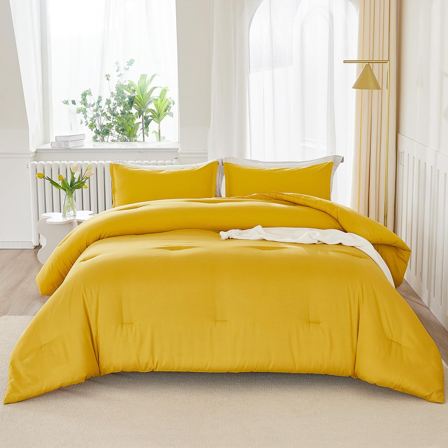 Litanika Mustard Yellow Comforter Set Twin/Twin XL Size, 2 Pieces Lightweight Solid Bedding Comforter Set, All Season Fluffy Bed Set (66x90In Comforter & 1 Pillowcase)