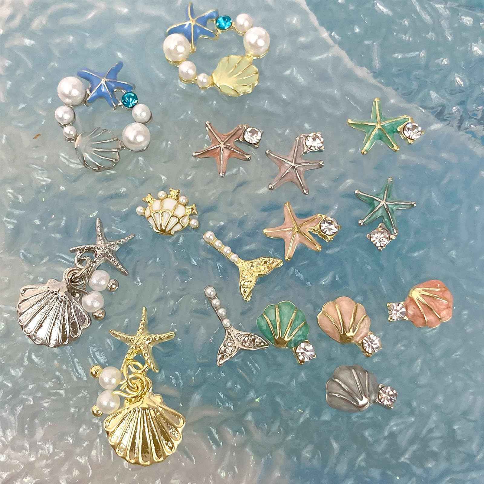 32PCS 3D Summer Beach Art Rhinestones Shell Starfish Fishtail Nail Studs Sea Series Ocean Theme Alloy Nail Charms Supplies for Nail Art Designs DIY Manicure Decoration