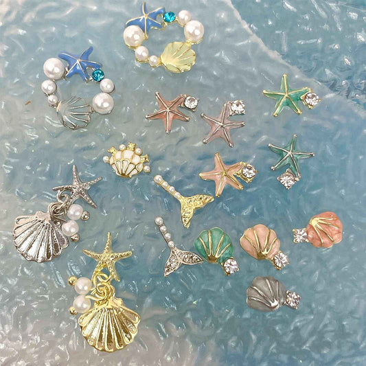 32PCS 3D Summer Beach Art Rhinestones Shell Starfish Fishtail Nail Studs Sea Series Ocean Theme Alloy Nail Charms Supplies for Nail Art Designs DIY Manicure Decoration
