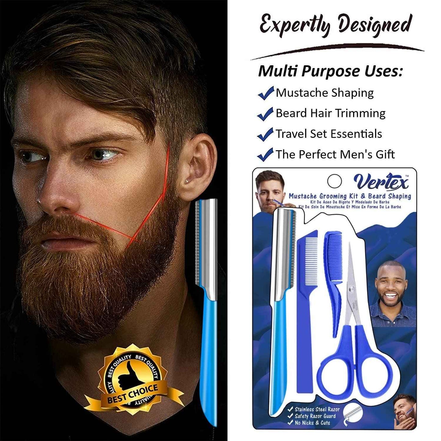 Mustache Scissors Grooming Kit Comb - Movember Travel Razor Mens Beard Trimmer Straight Edge Stainless Steel Shaping Tool For Men After Black Color Dye Goatee Shaper Clippers Balm Combs Wash Brush