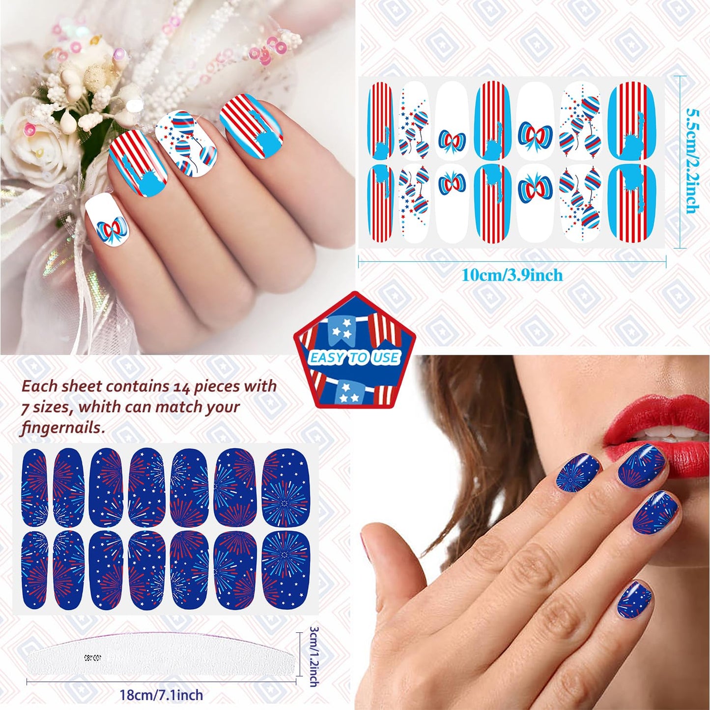 JERCLITY 224 Pieces 16 Sheets 4th of July Nail Wraps Independence Day Nail Polish Strips with Nail File Patriotic American Flag Nail Strips Self-Adhesive Solid Color Nail Stickers for Memorial Day